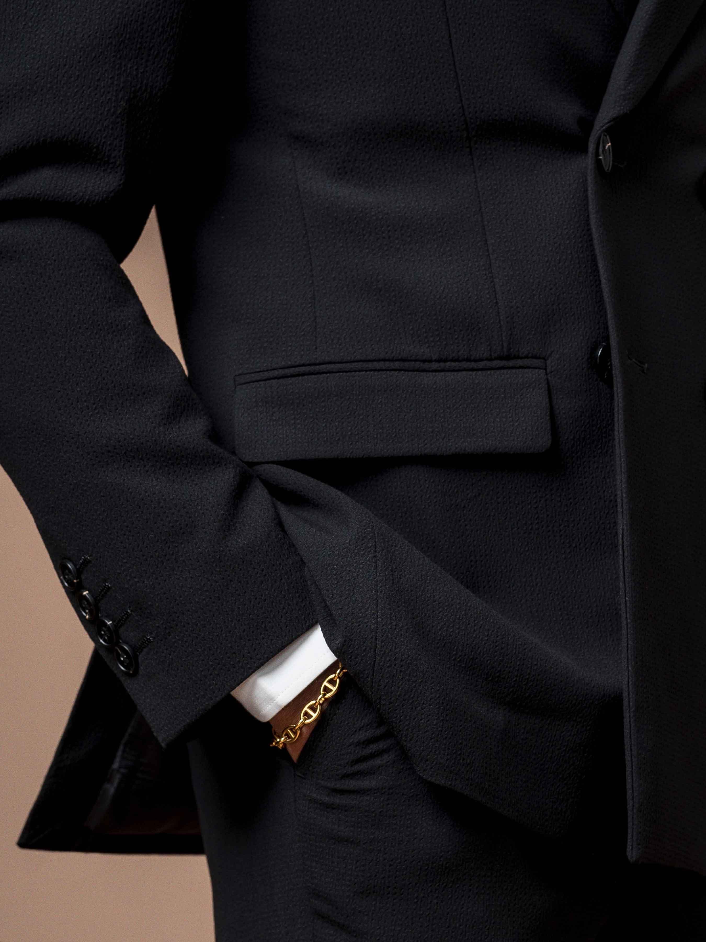 10DoubleBreastedSuitBlazerSeersuckerBlackPlain_PeakLapel - Zeve