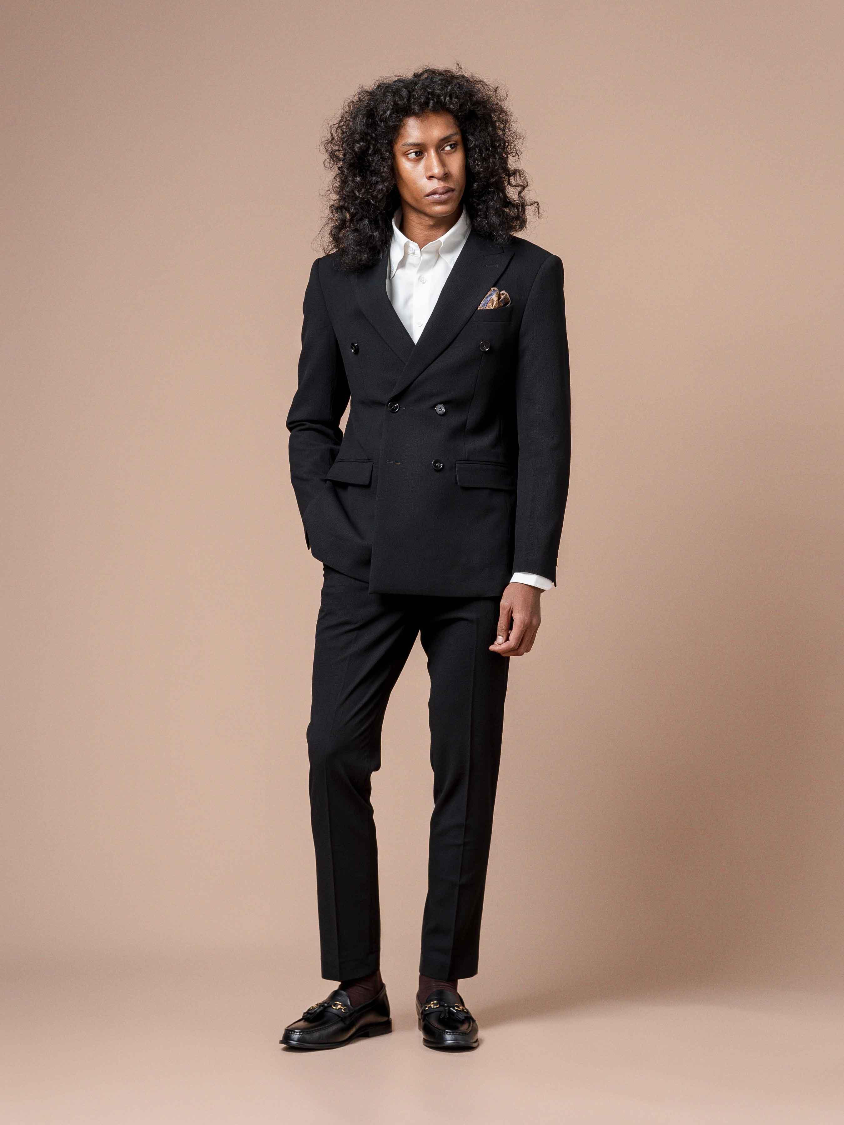 1DoubleBreastedSuitBlazerSeersuckerBlackPlain_PeakLapel - Zeve