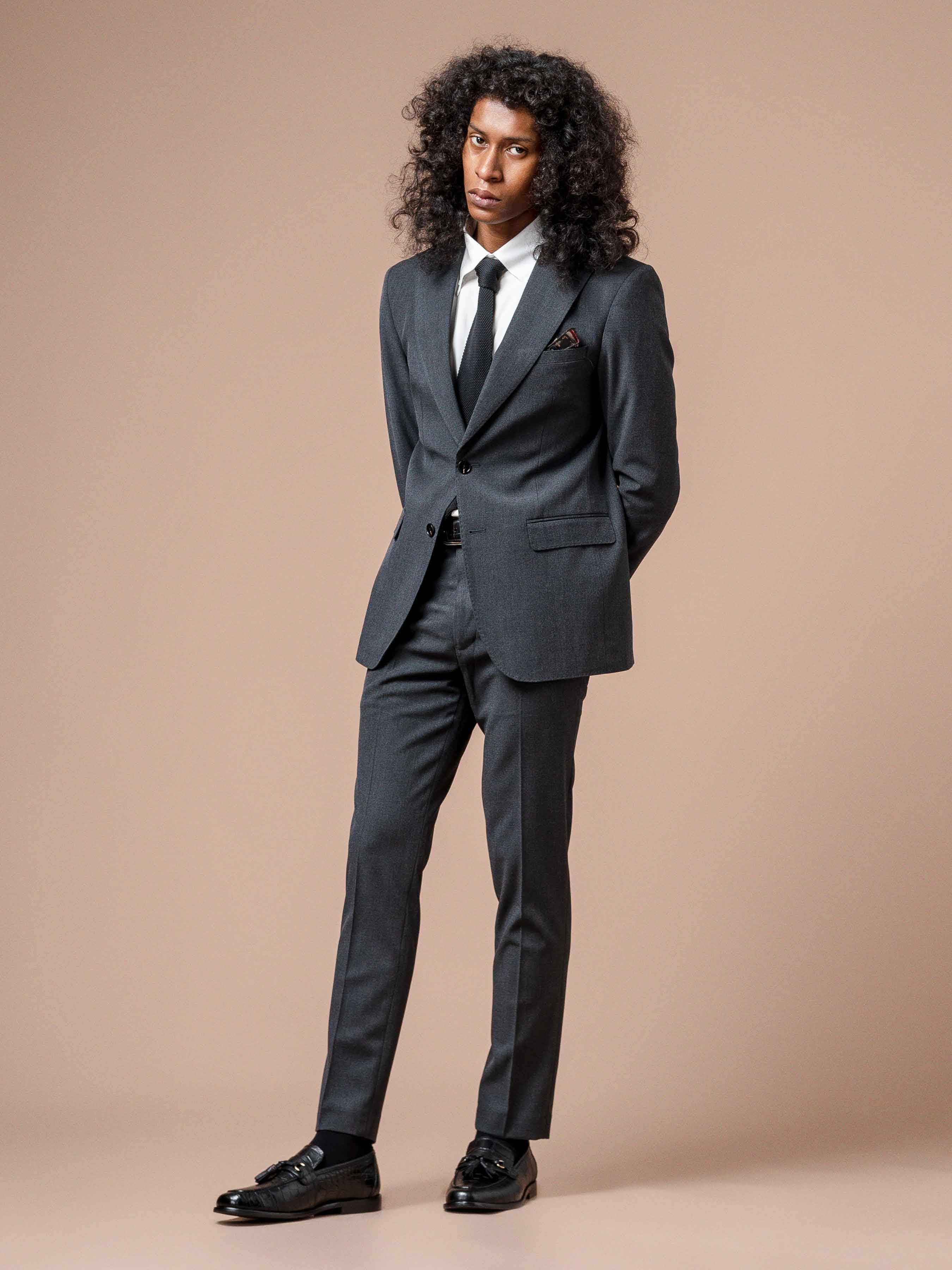 Trousers With Belt Loop - Dark Grey Plain (Slim Straight)