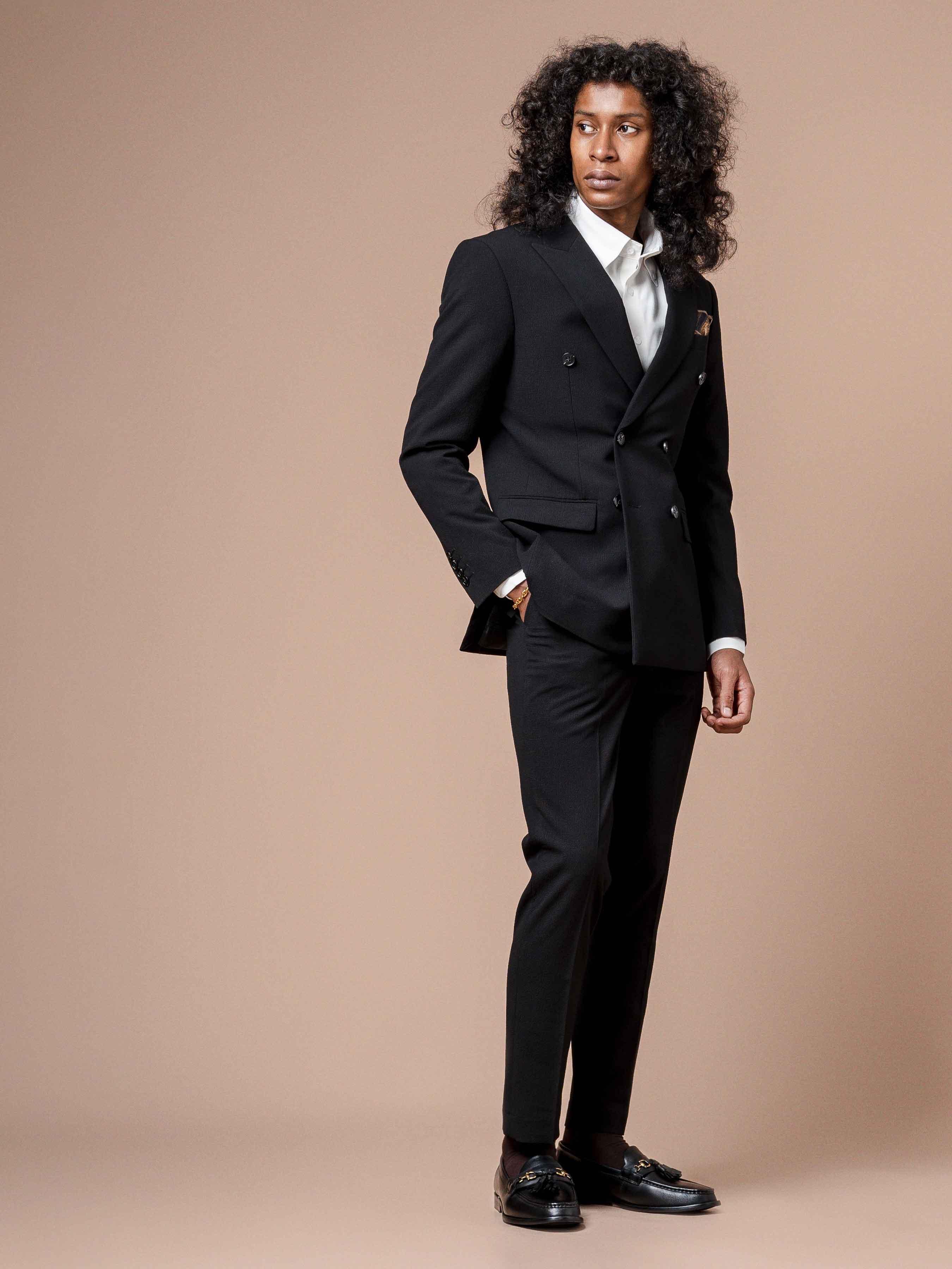 2DoubleBreastedSuitBlazerSeersuckerBlackPlain_PeakLapel - Zeve