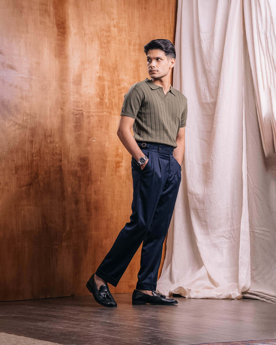 Trousers With Side Adjusters - Deep Blue Plain Cuffed (Tapered)