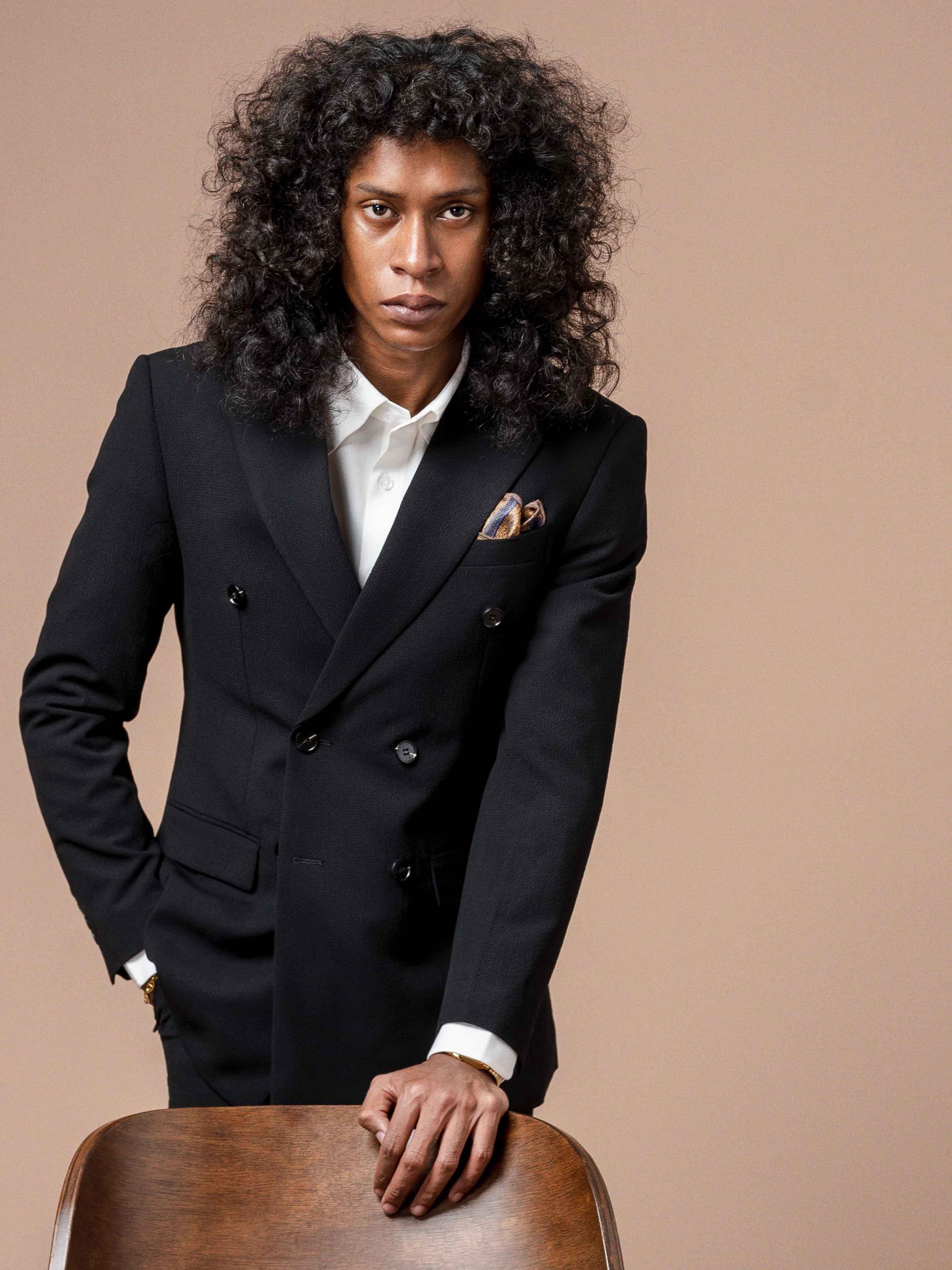 4DoubleBreastedSuitBlazerSeersuckerBlackPlain_PeakLapel - Zeve