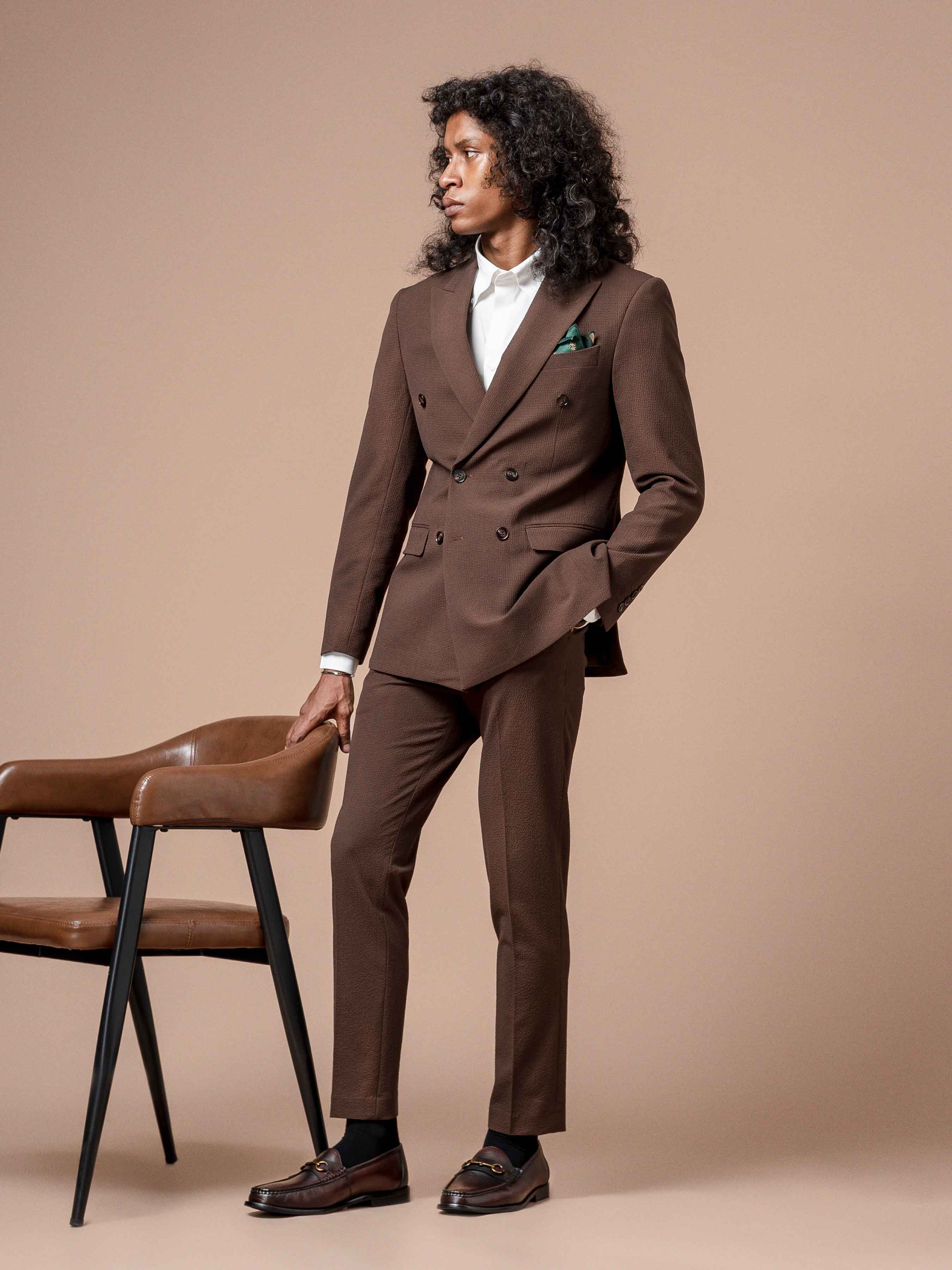 Double Breasted Suit Blazer - Seersucker Coffee Plain (Peak Lapel)