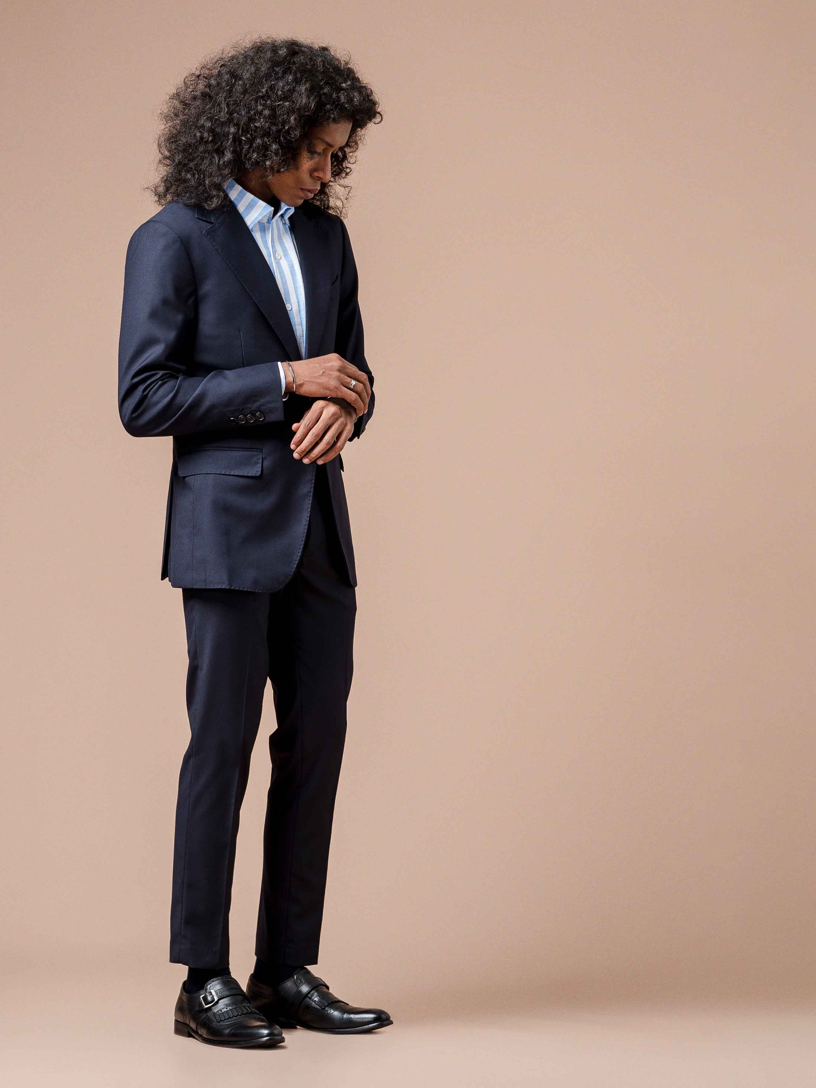 Trousers With Belt Loop - Dark Blue Plain (Slim Straight)