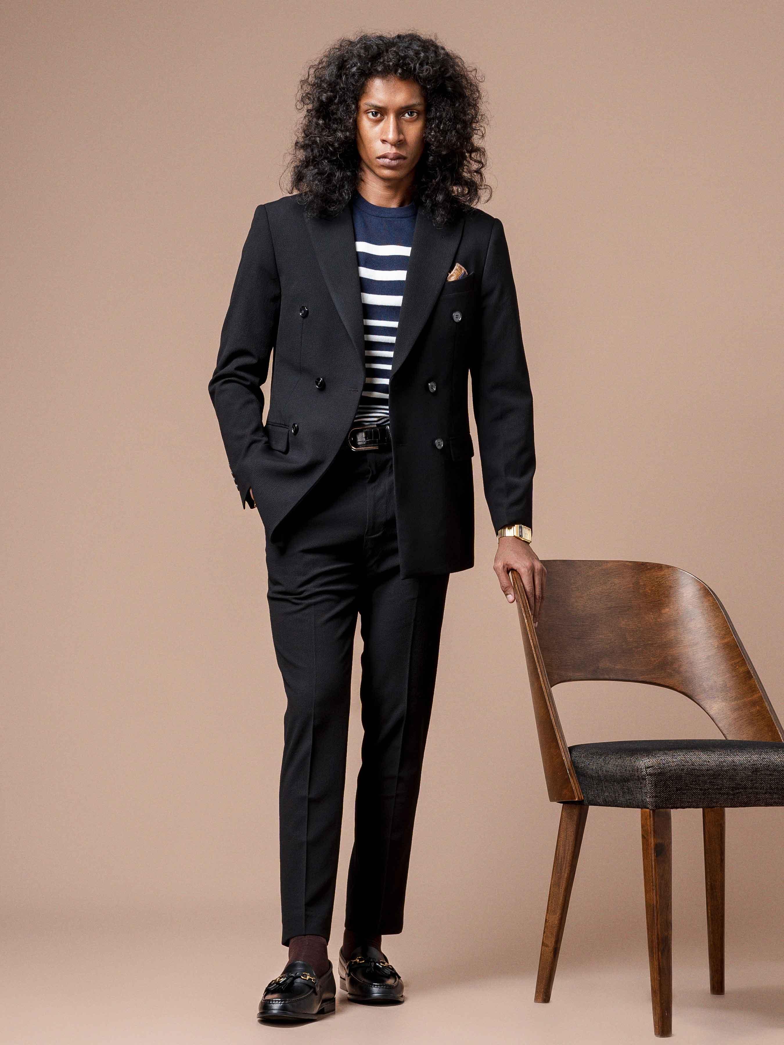 7DoubleBreastedSuitBlazerSeersuckerBlackPlain_PeakLapel - Zeve