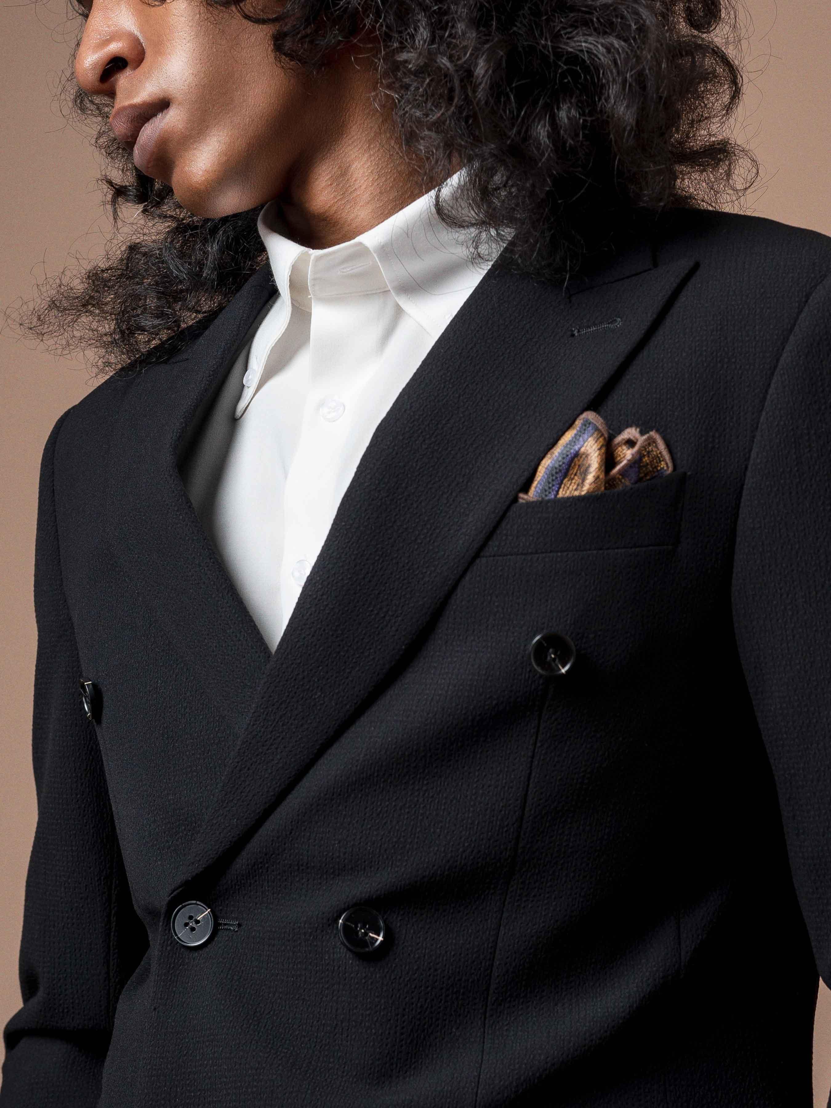 8DoubleBreastedSuitBlazerSeersuckerBlackPlain_PeakLapel - Zeve