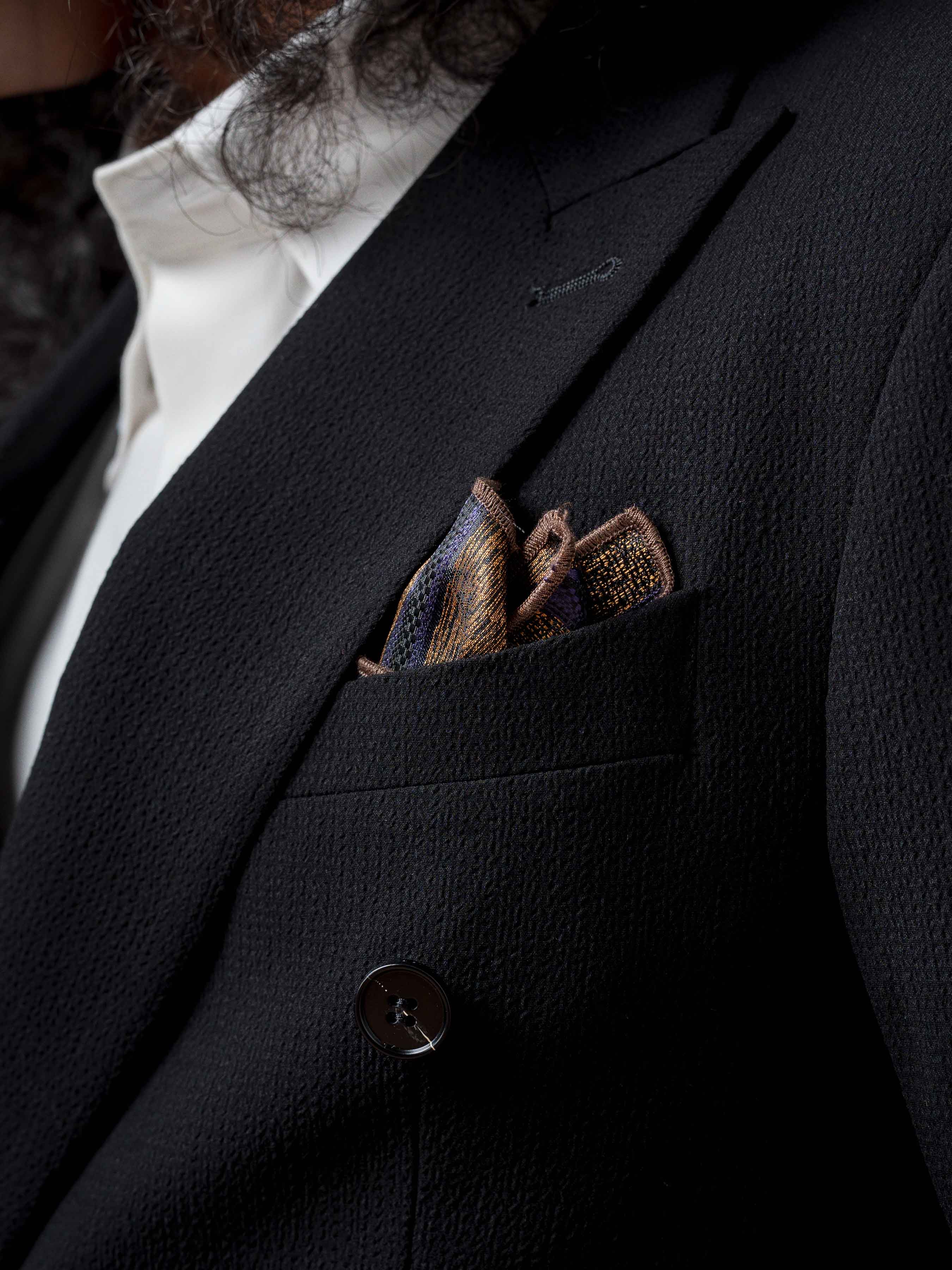 Double Breasted Suit Blazer - Seersucker Black Plain (Peak Lapel)