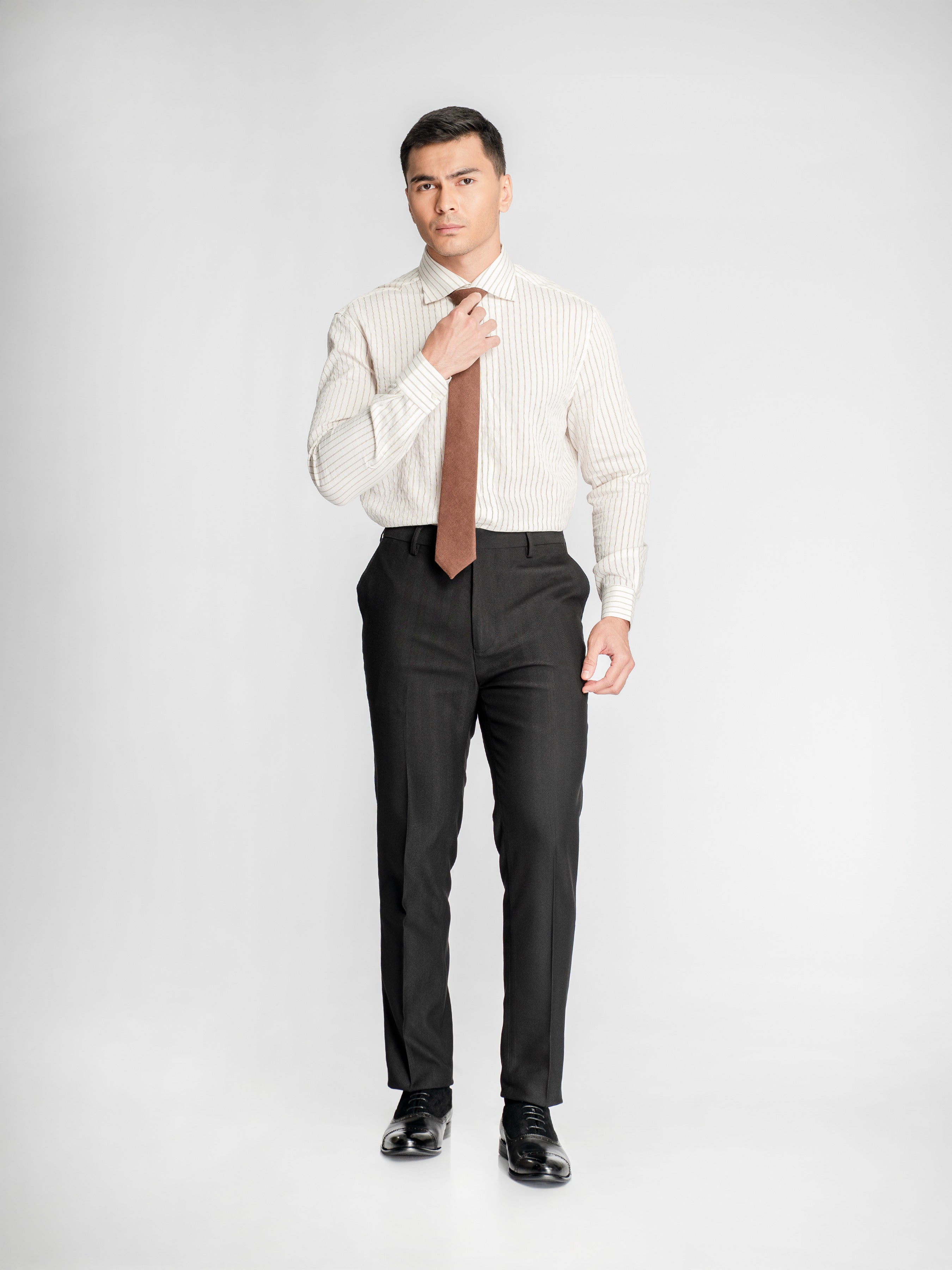 Aldo Stripe Shirt – Off White Grey Line (One-Piece Collar)