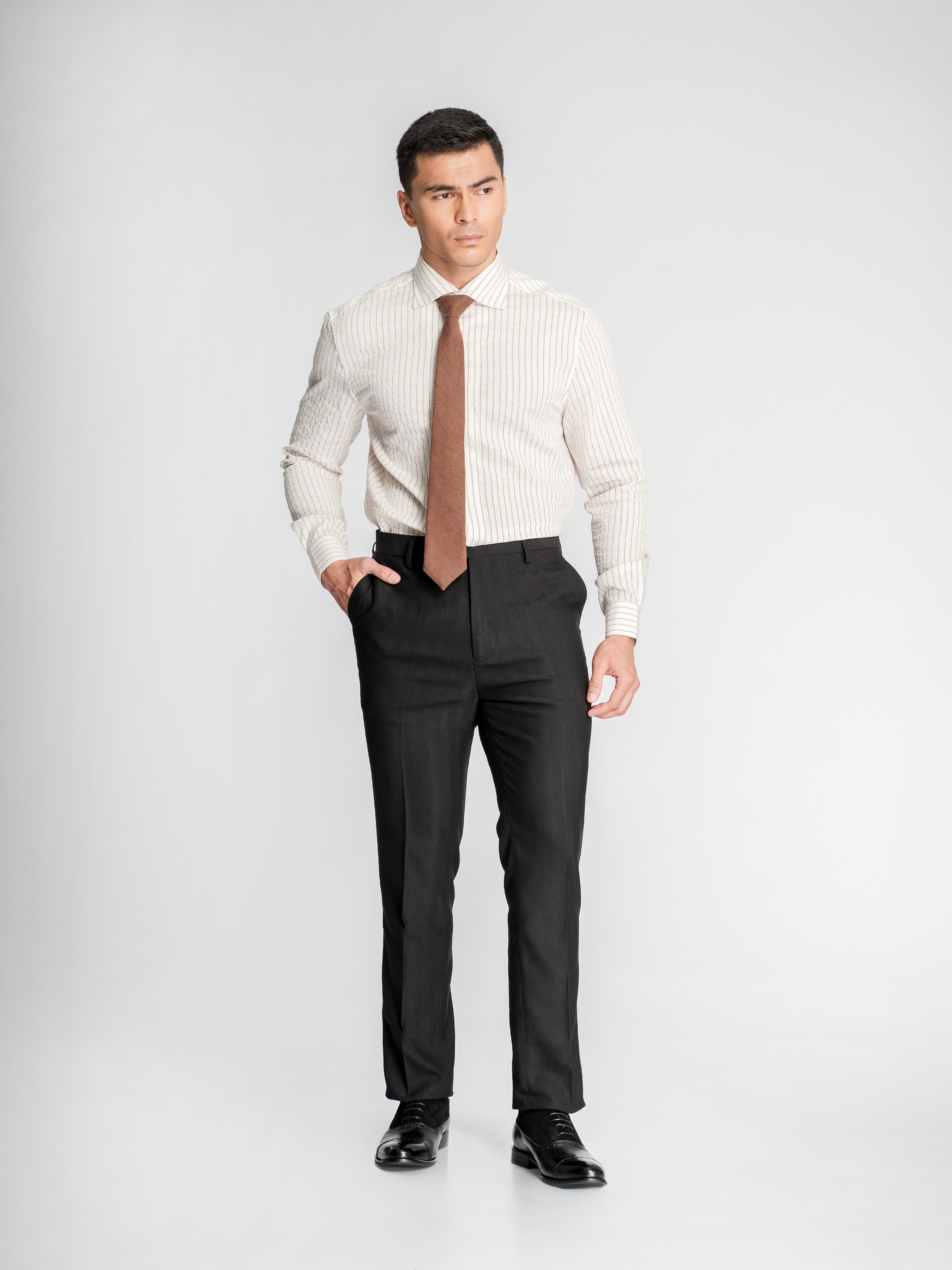 Aldo Stripe Shirt – Off White Grey Line (One-Piece Collar)