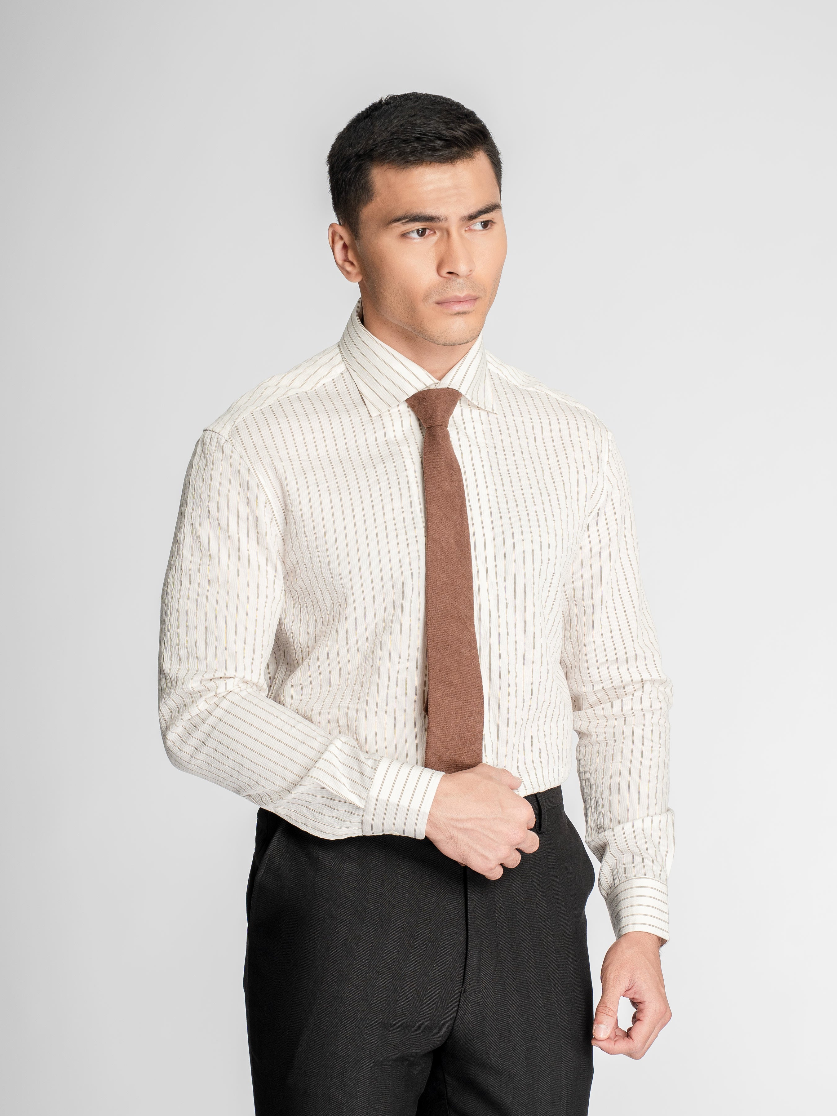 Aldo Stripe Shirt – Off White Grey Line (One-Piece Collar)