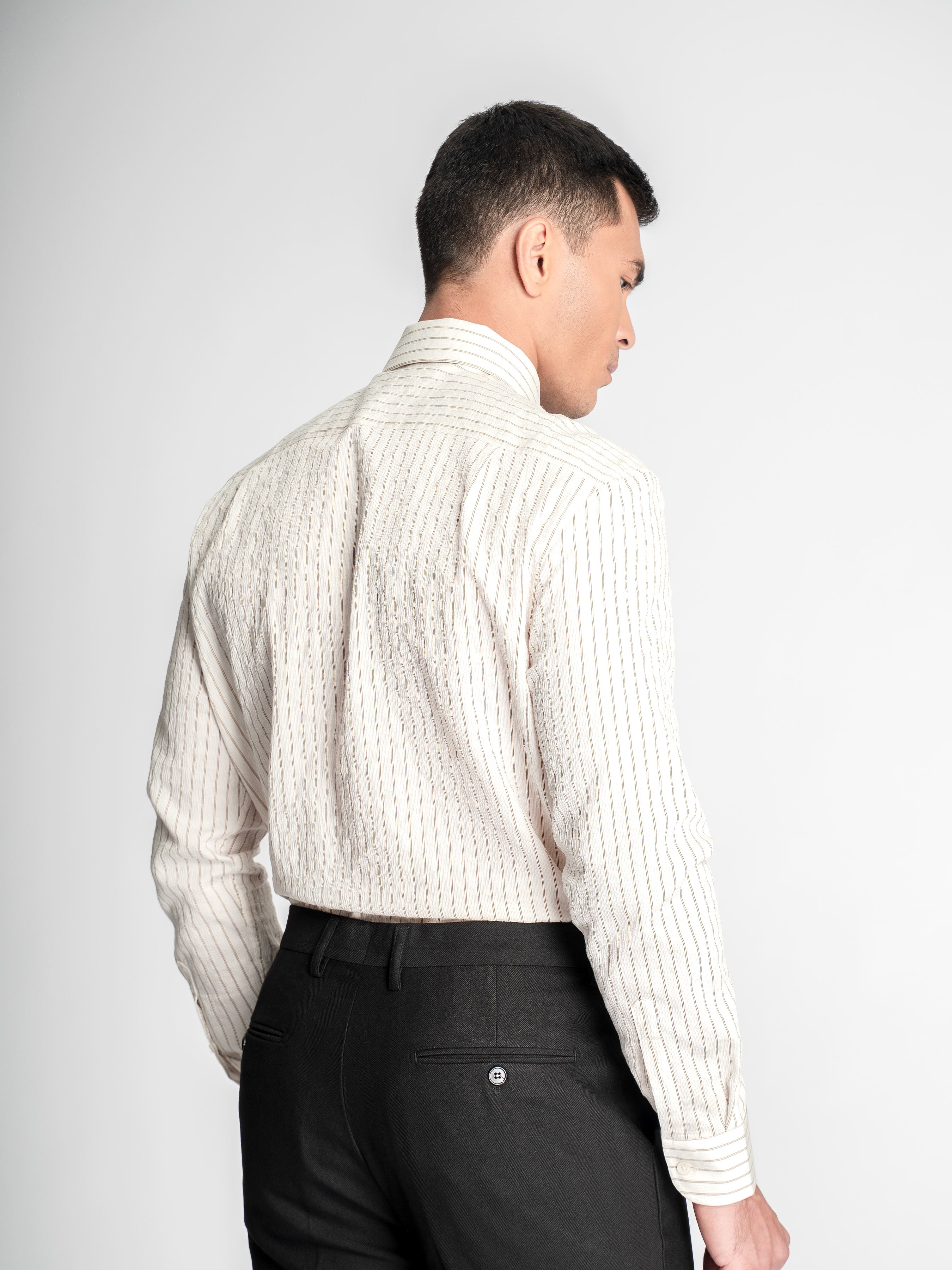 Aldo Stripe Shirt – Off White Grey Line (One-Piece Collar)