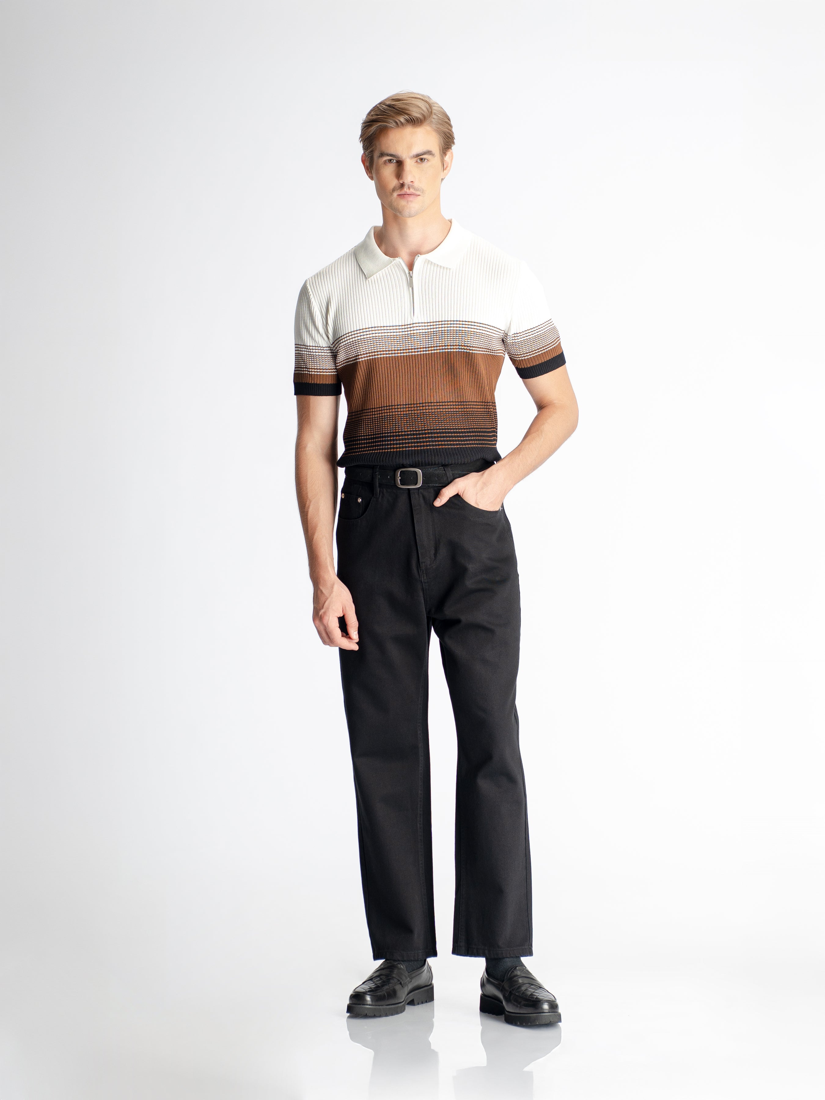 Arlo Striped Polo Tee - Brown Quarter-Zip