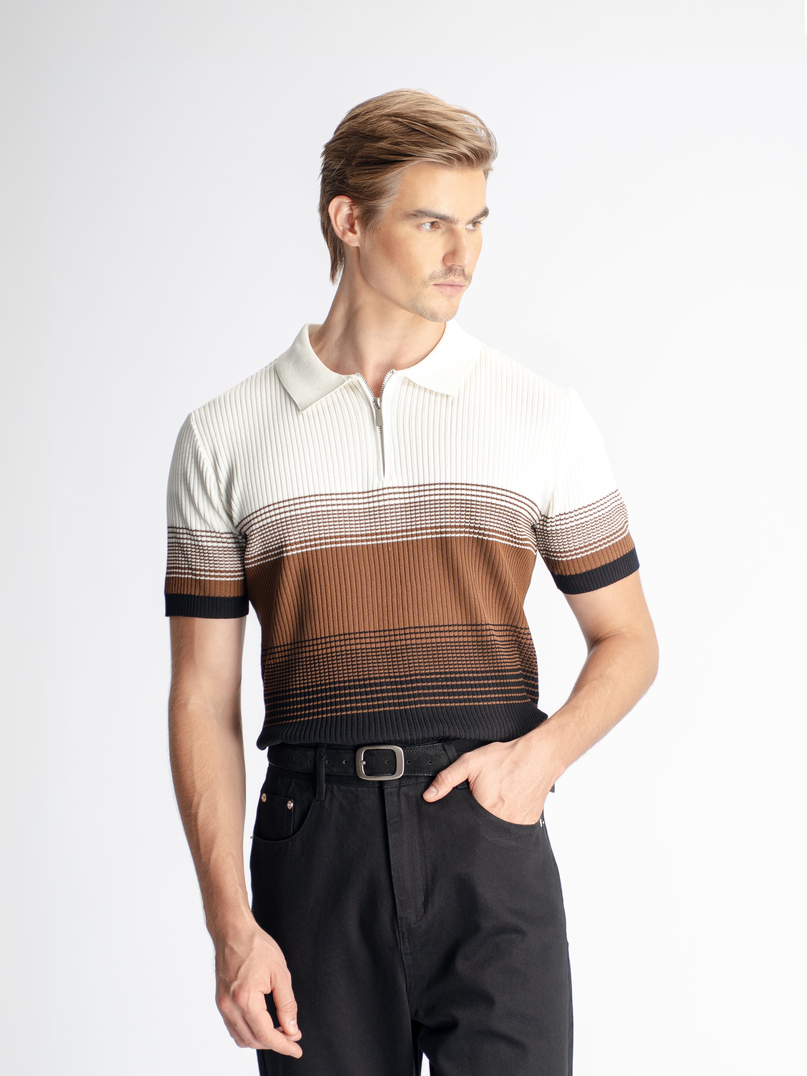 Arlo Striped Polo Tee - Brown Quarter-Zip