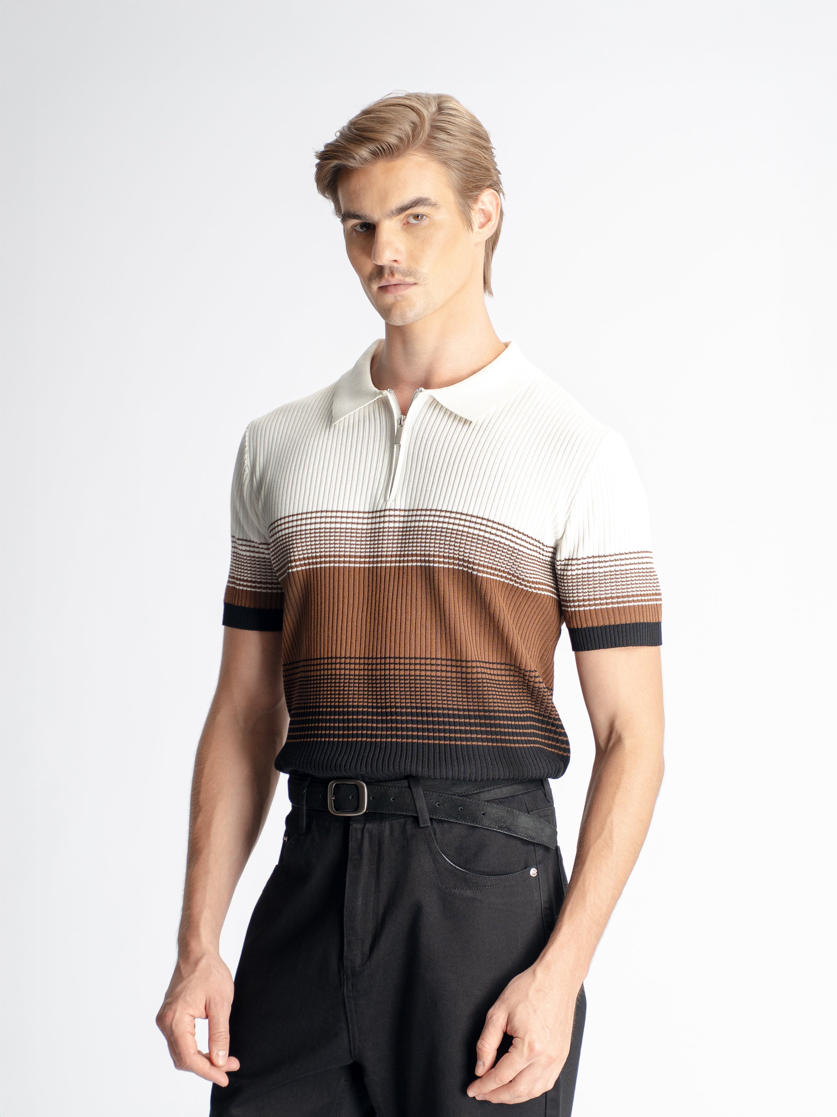 Arlo Striped Polo Tee - Brown Quarter-Zip