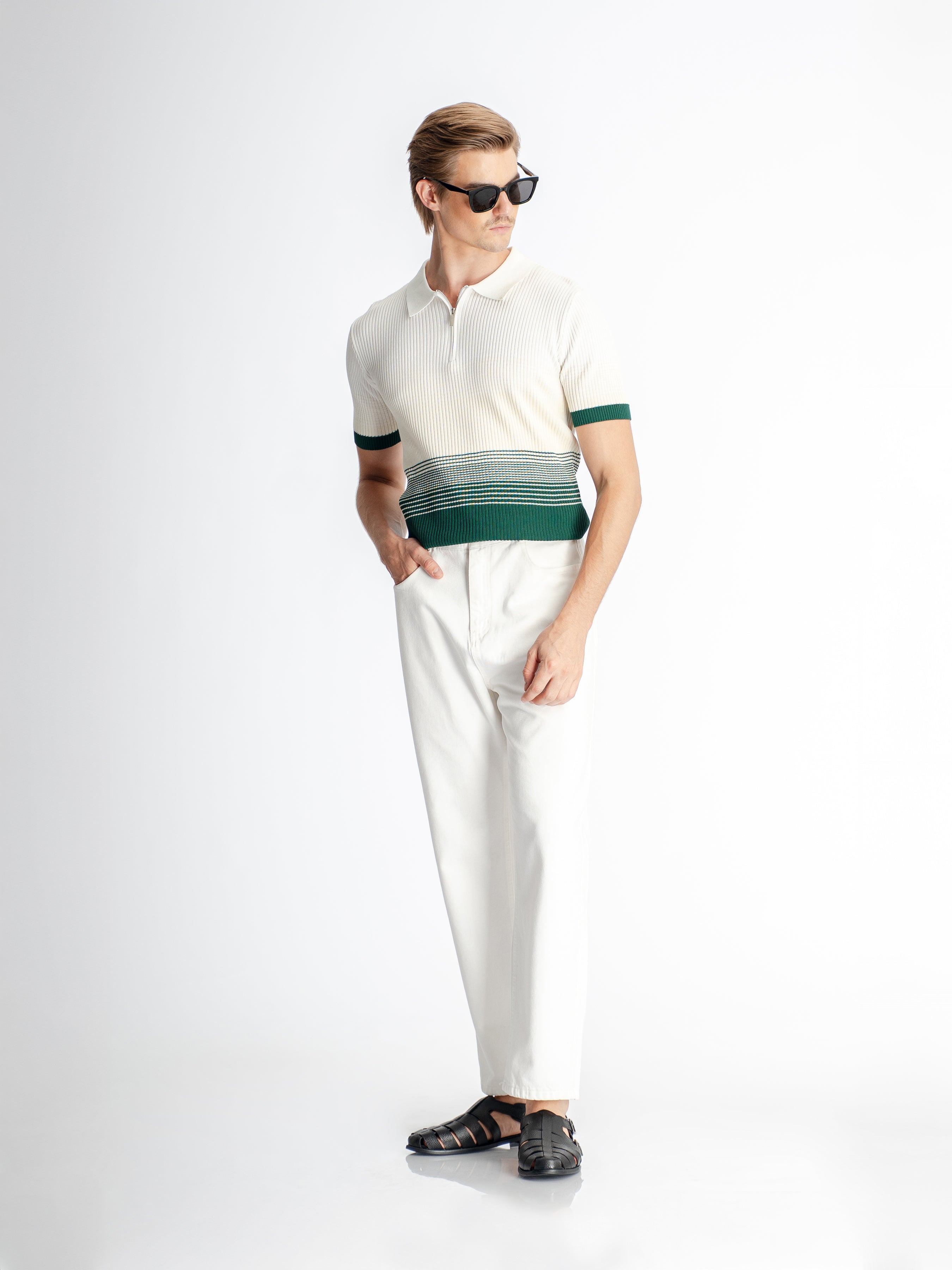 Arlo Striped Polo Tee - Green Quarter-Zip