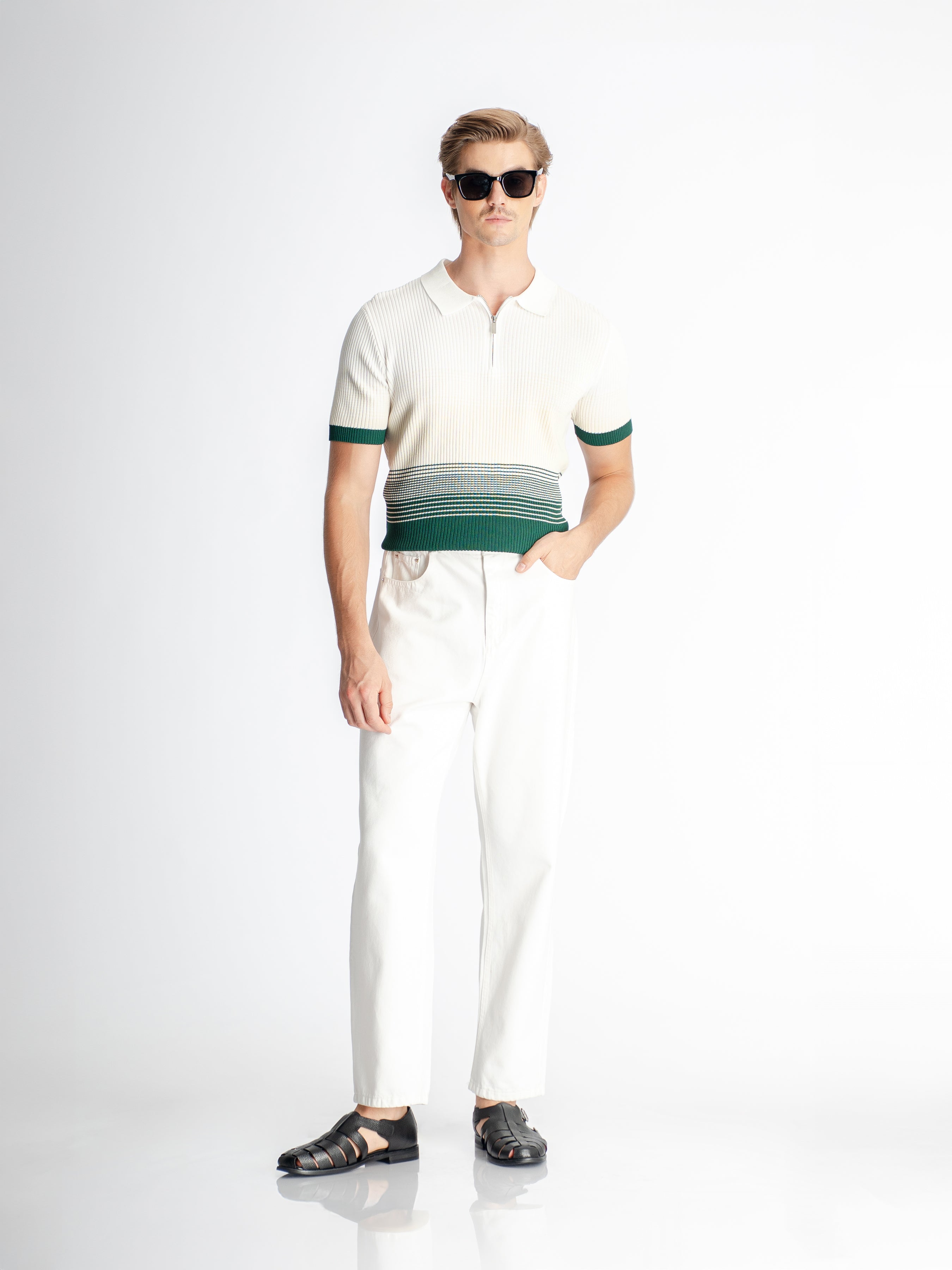 Arlo Striped Polo Tee - Green Quarter-Zip