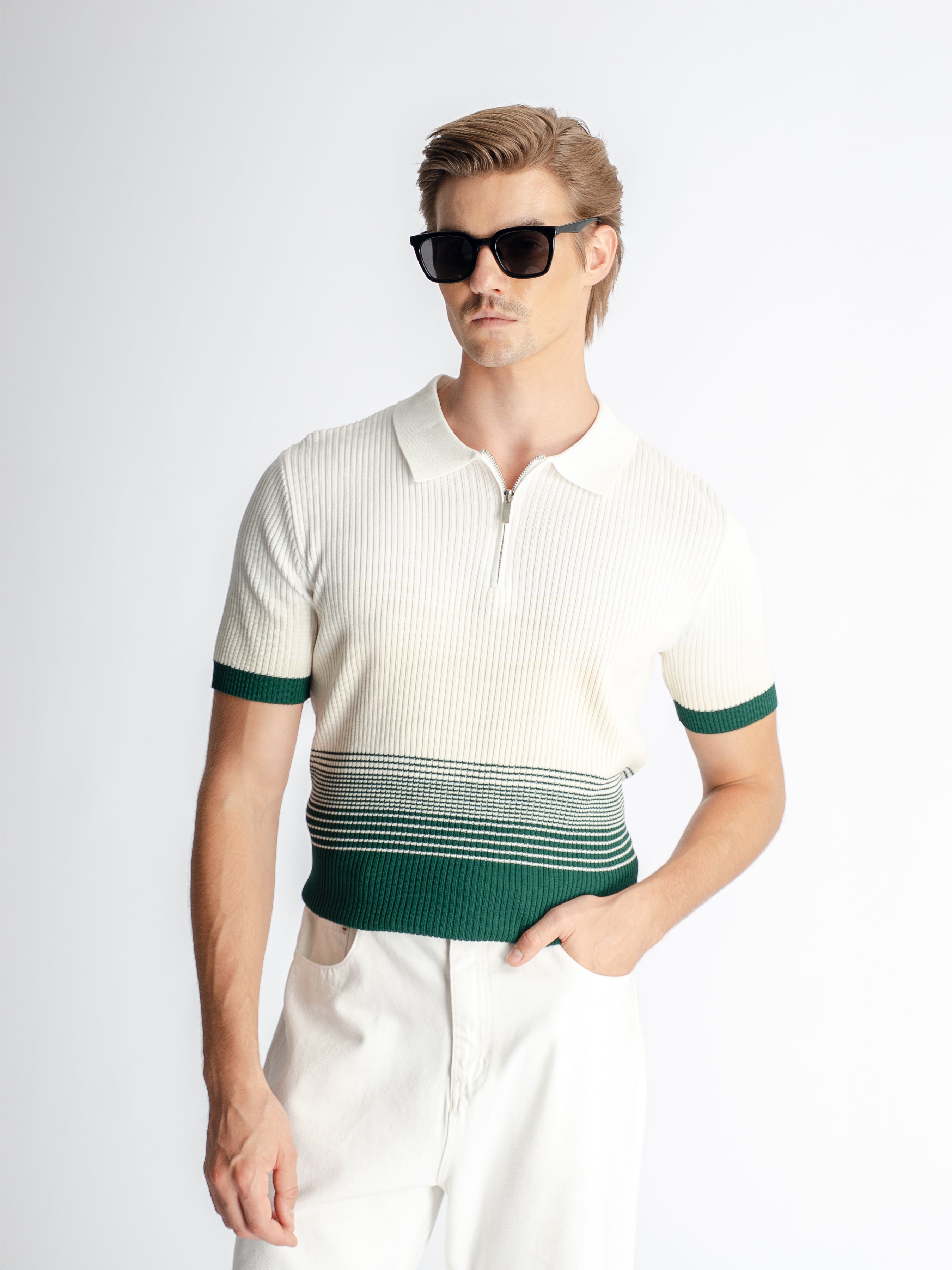 Arlo Striped Polo Tee - Green Quarter-Zip