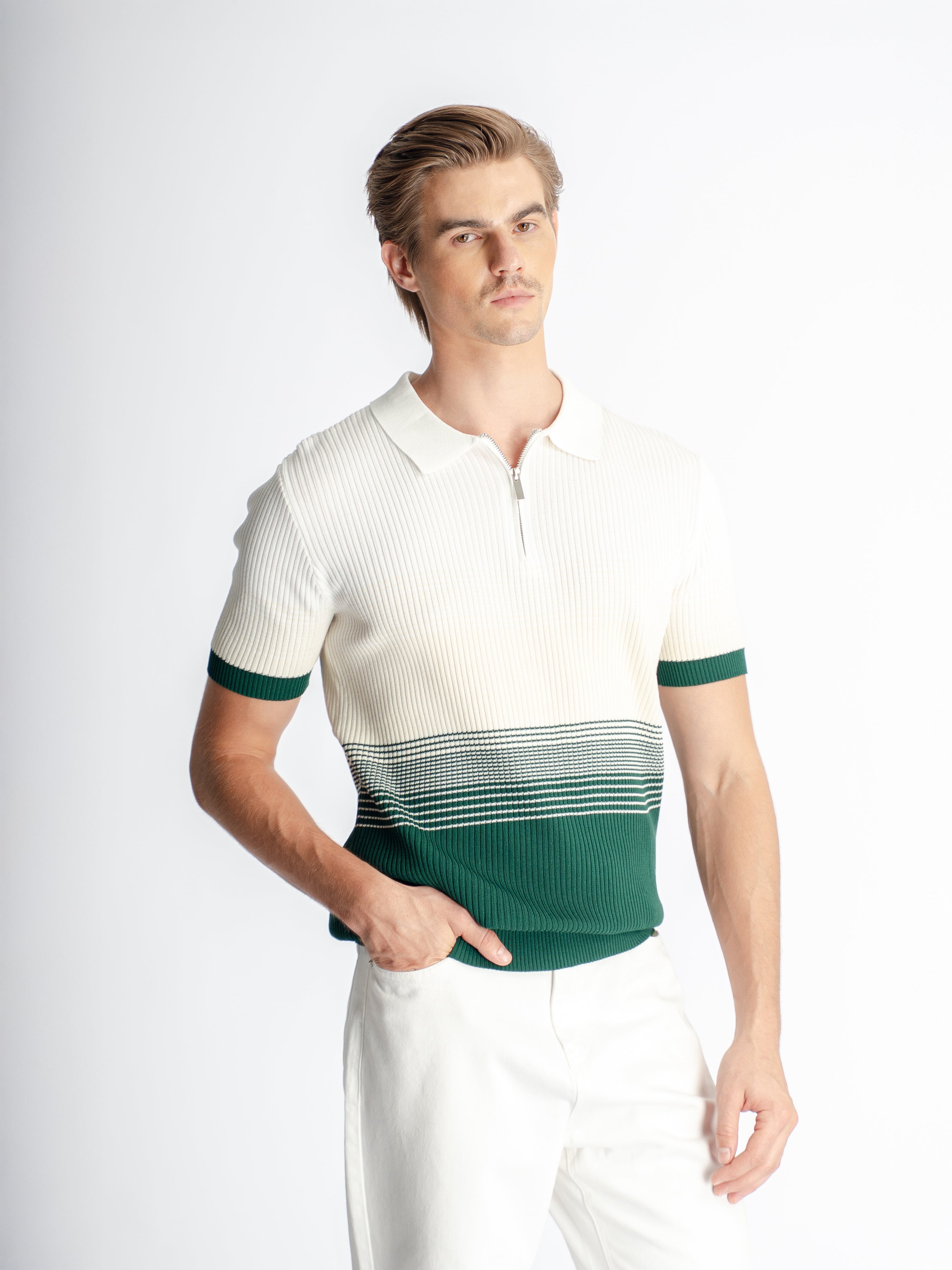 Arlo Striped Polo Tee - Green Quarter-Zip