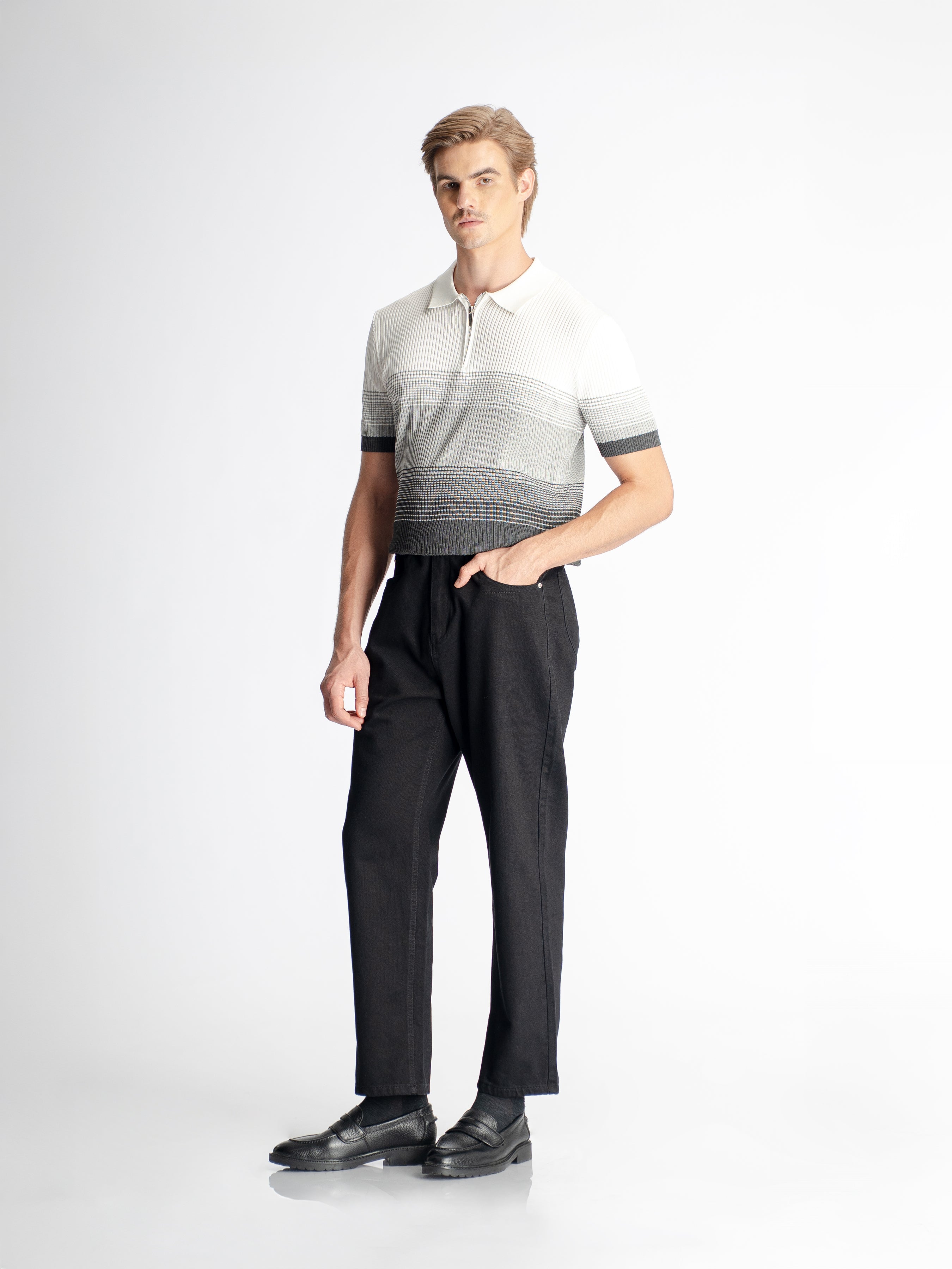 Arlo Striped Polo Tee - Grey Quarter-Zip