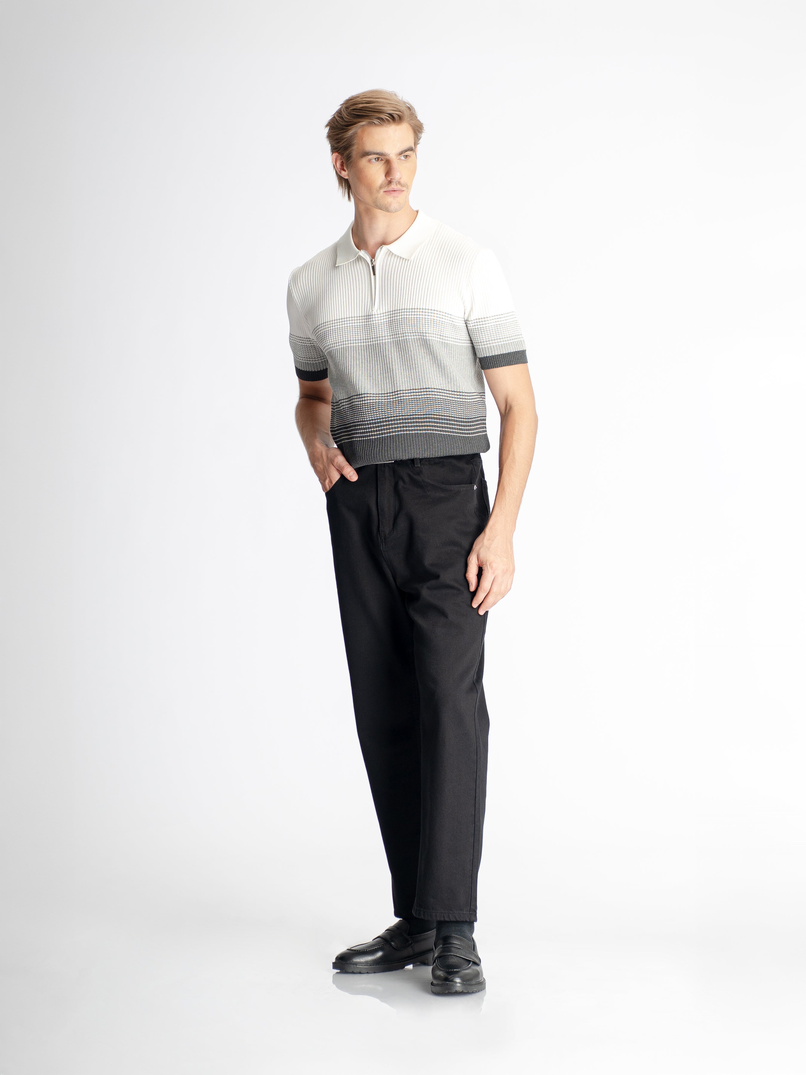 Arlo Striped Polo Tee - Grey Quarter-Zip