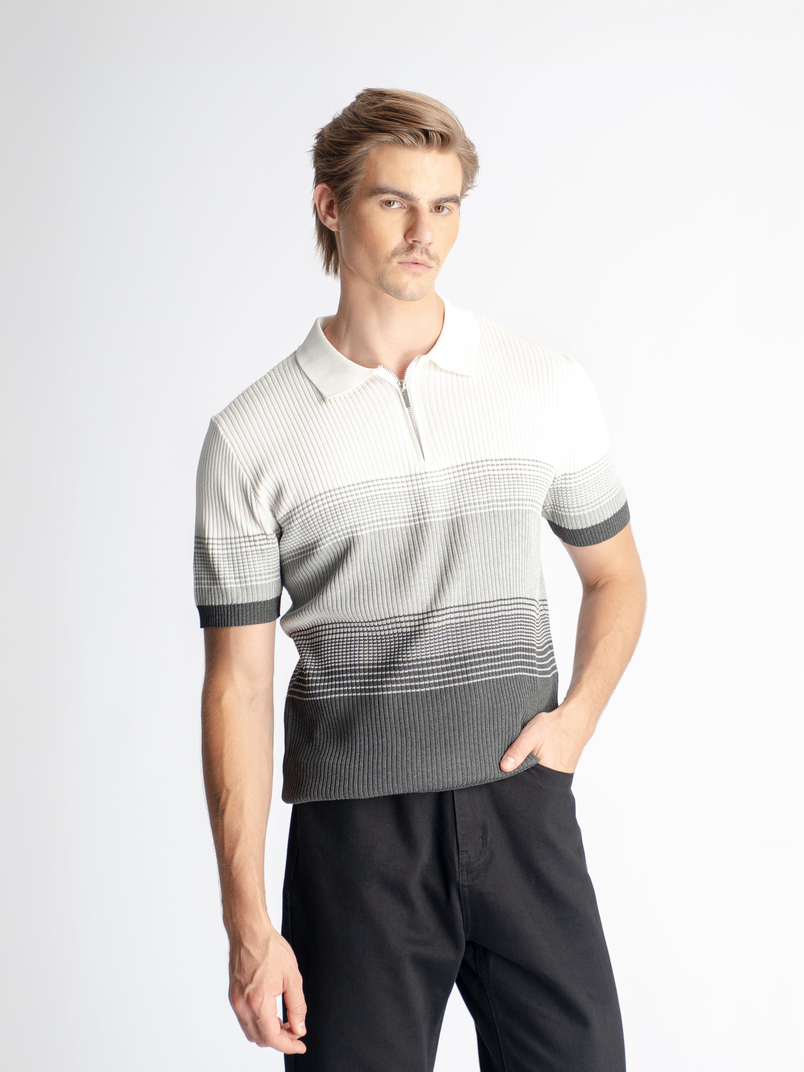 Arlo Striped Polo Tee - Grey Quarter-Zip