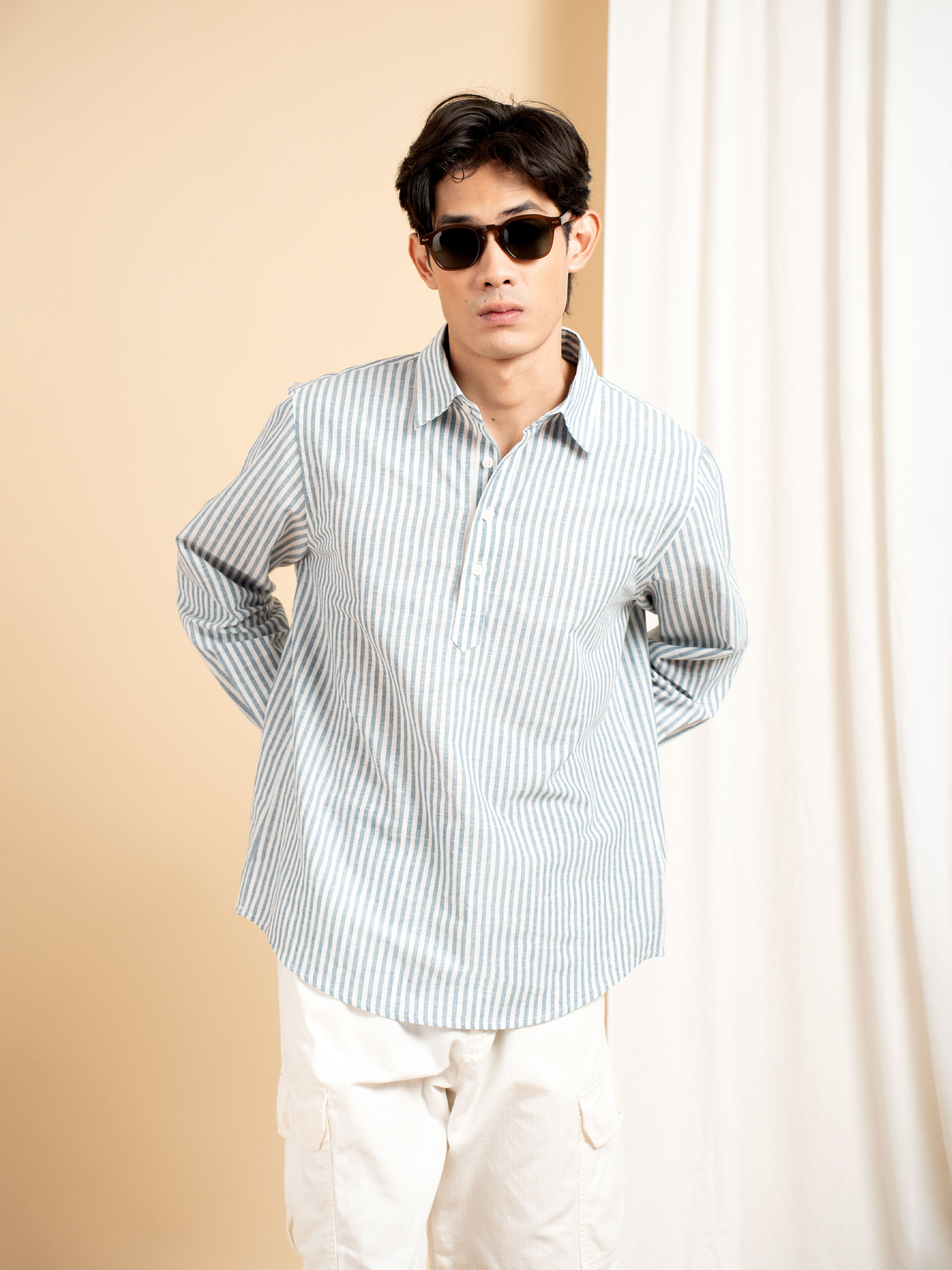 Armand Linen Shirt - White Blue Line (Stripe)