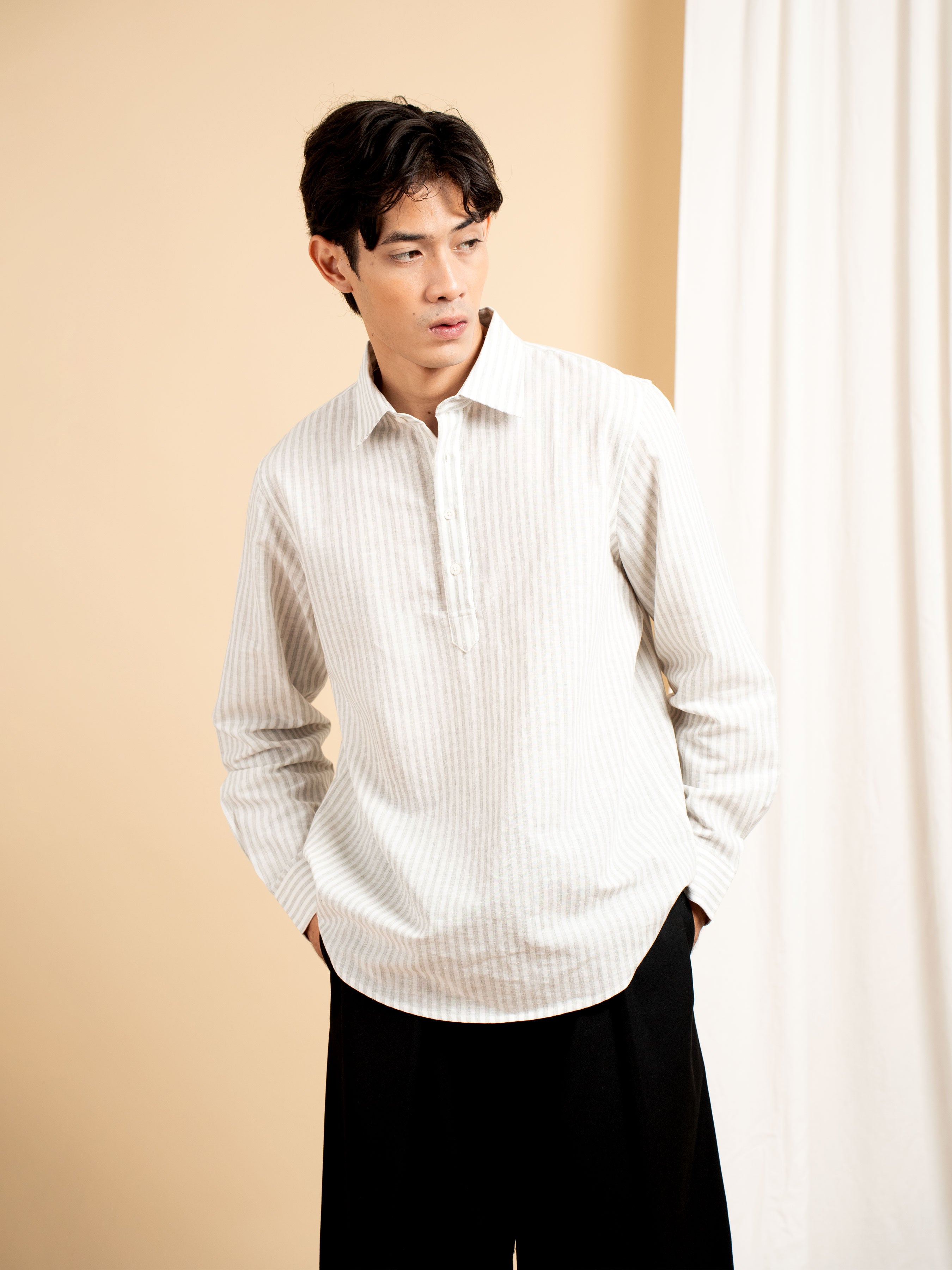 Armand Linen Shirt - White Grey Line (Stripe)
