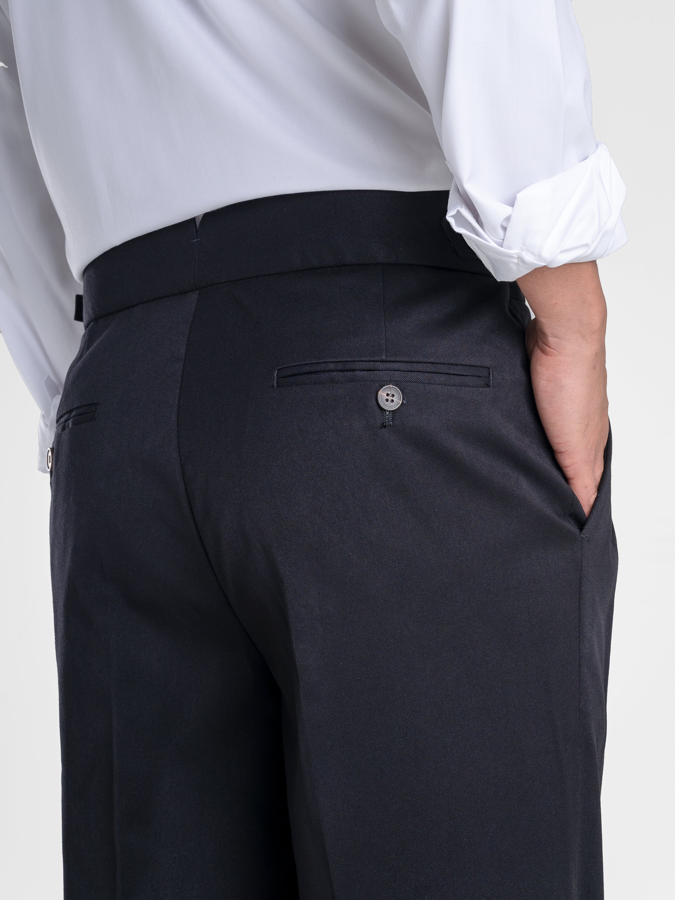 Trousers With Side Adjusters - Black Solid Cuffed (Tapered)