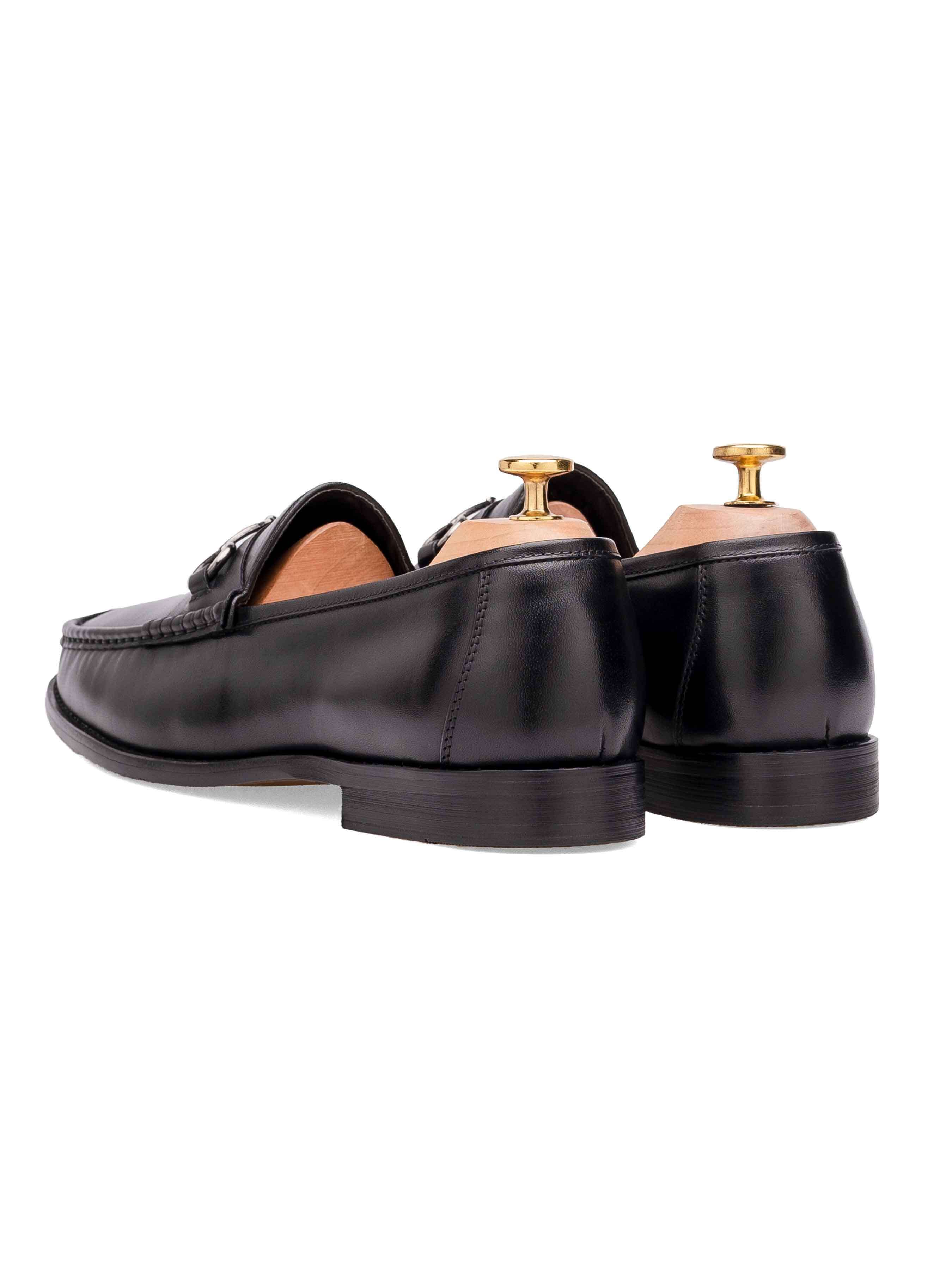 Mario Horsebit Moccasin Loafer - Black Leather (Silver Buckle)