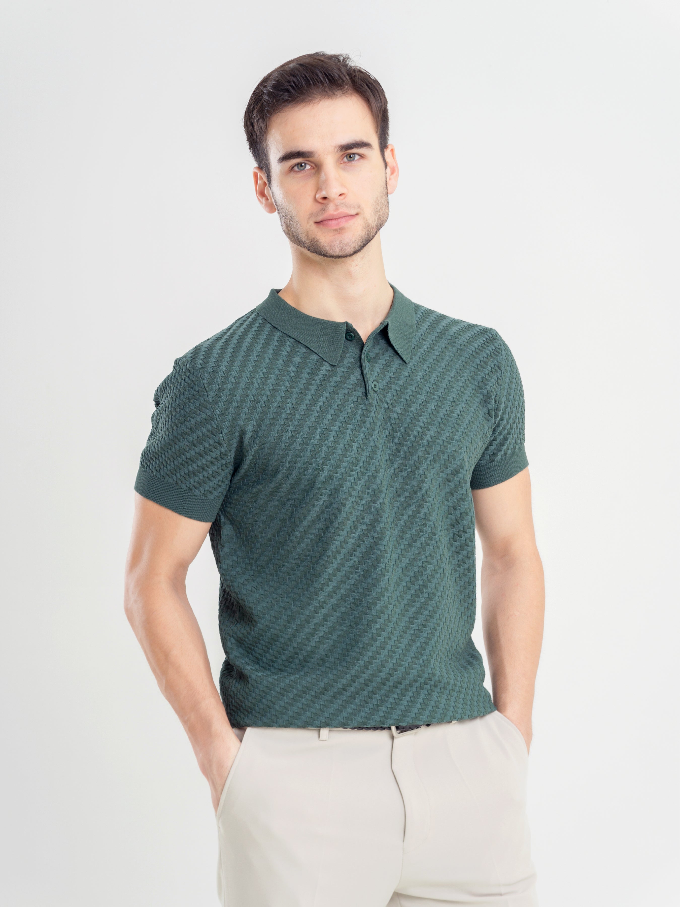 Basketweave-Knit-Polo-Tee-Forest-Green_01 - Zeve