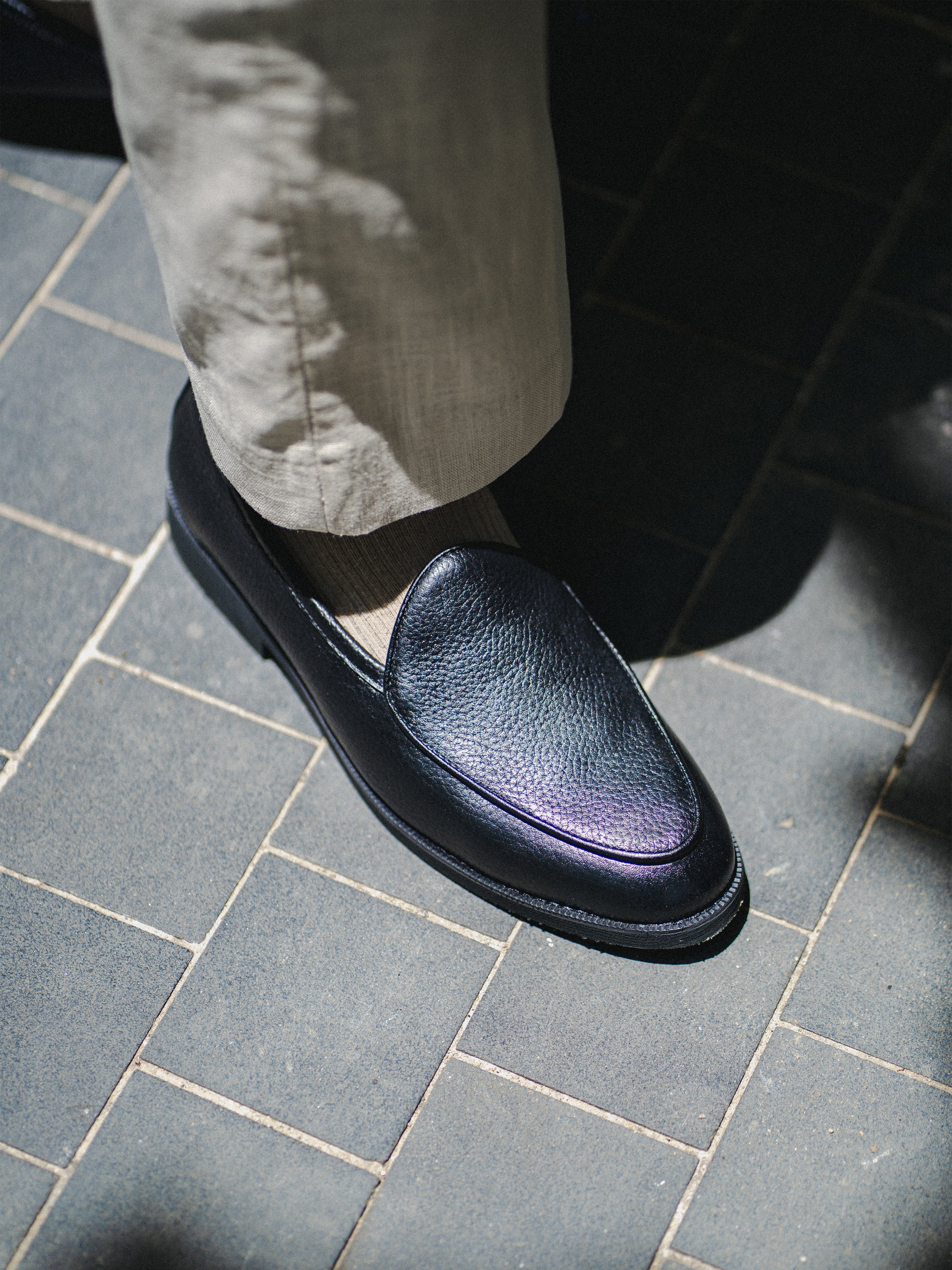 Belgian Loafer - Black Pebble Grain Leather (Crepe Sole)