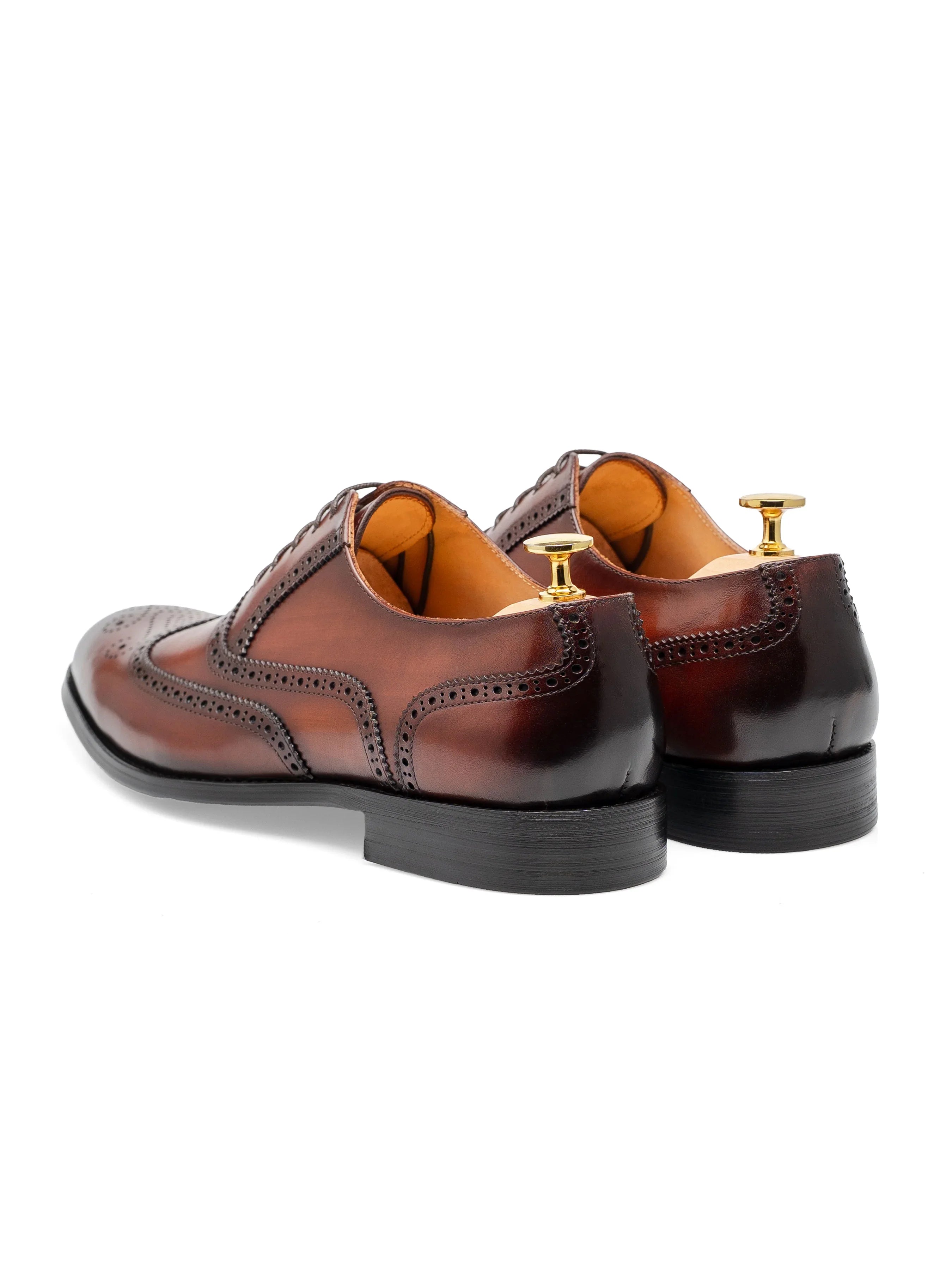 ClassicOxfordBrogueWingtipCognacTanLaceUp_HandPaintedPatina_Back - Zeve