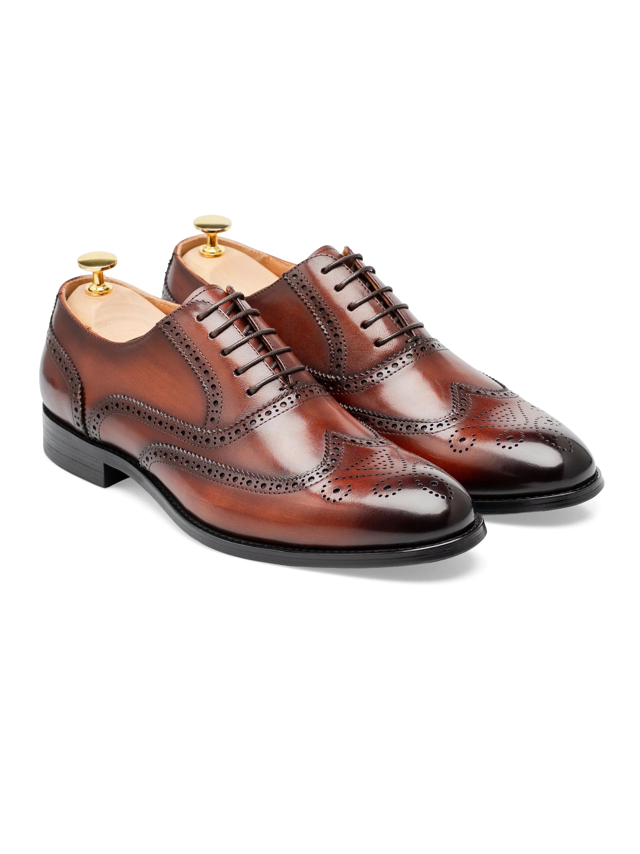 ClassicOxfordBrogueWingtipCognacTanLaceUp_HandPaintedPatina_Front - Zeve