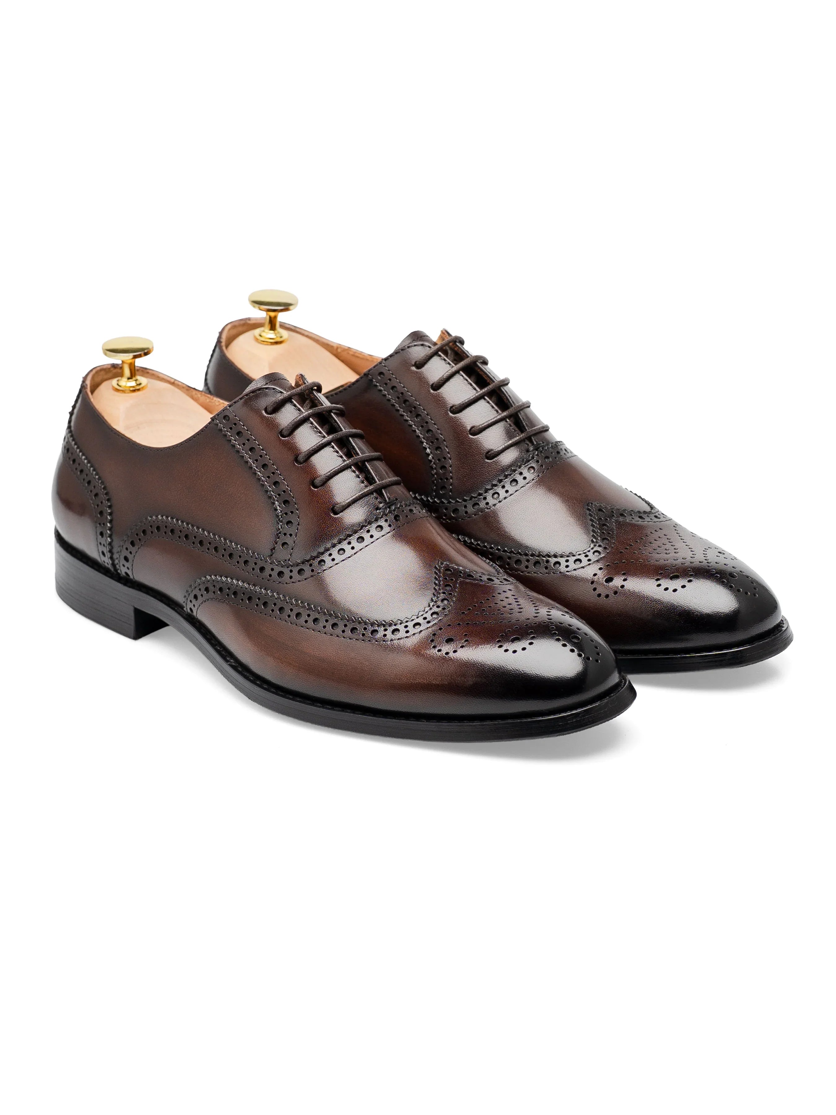 ClassicOxfordBrogueWingtipDarkBrownLaceUp_HandPaintedPatina_Front - Zeve