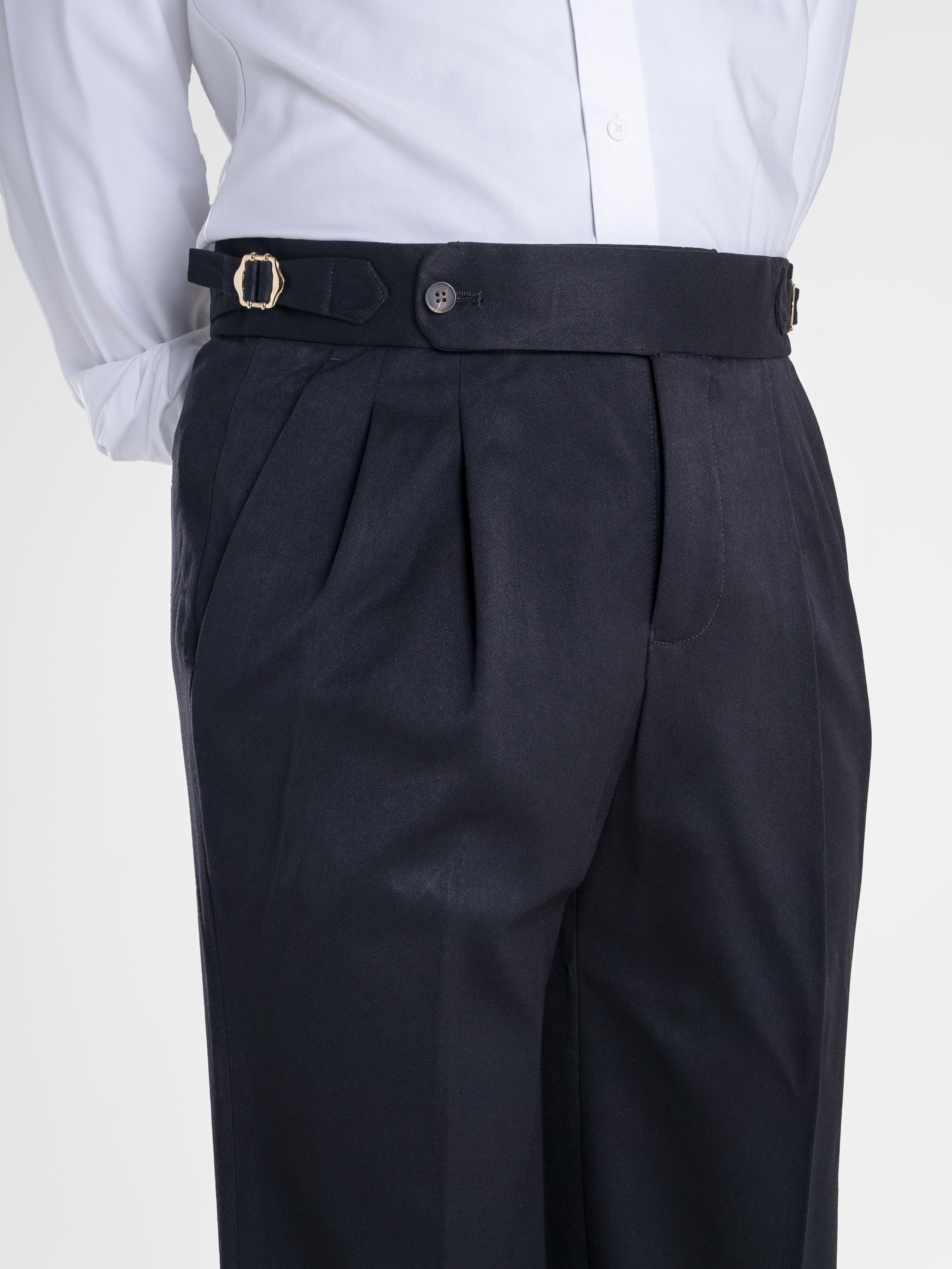 Trousers With Side Adjusters - Black Solid Cuffed (Tapered)