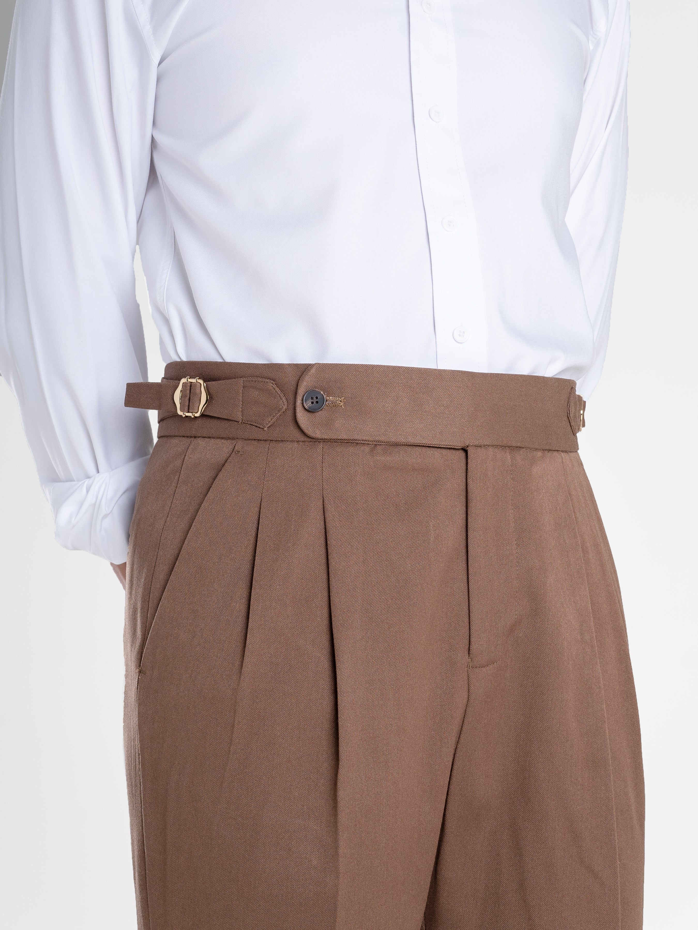 Trousers With Side Adjusters - Brown Plain Cuffed (Tapered)