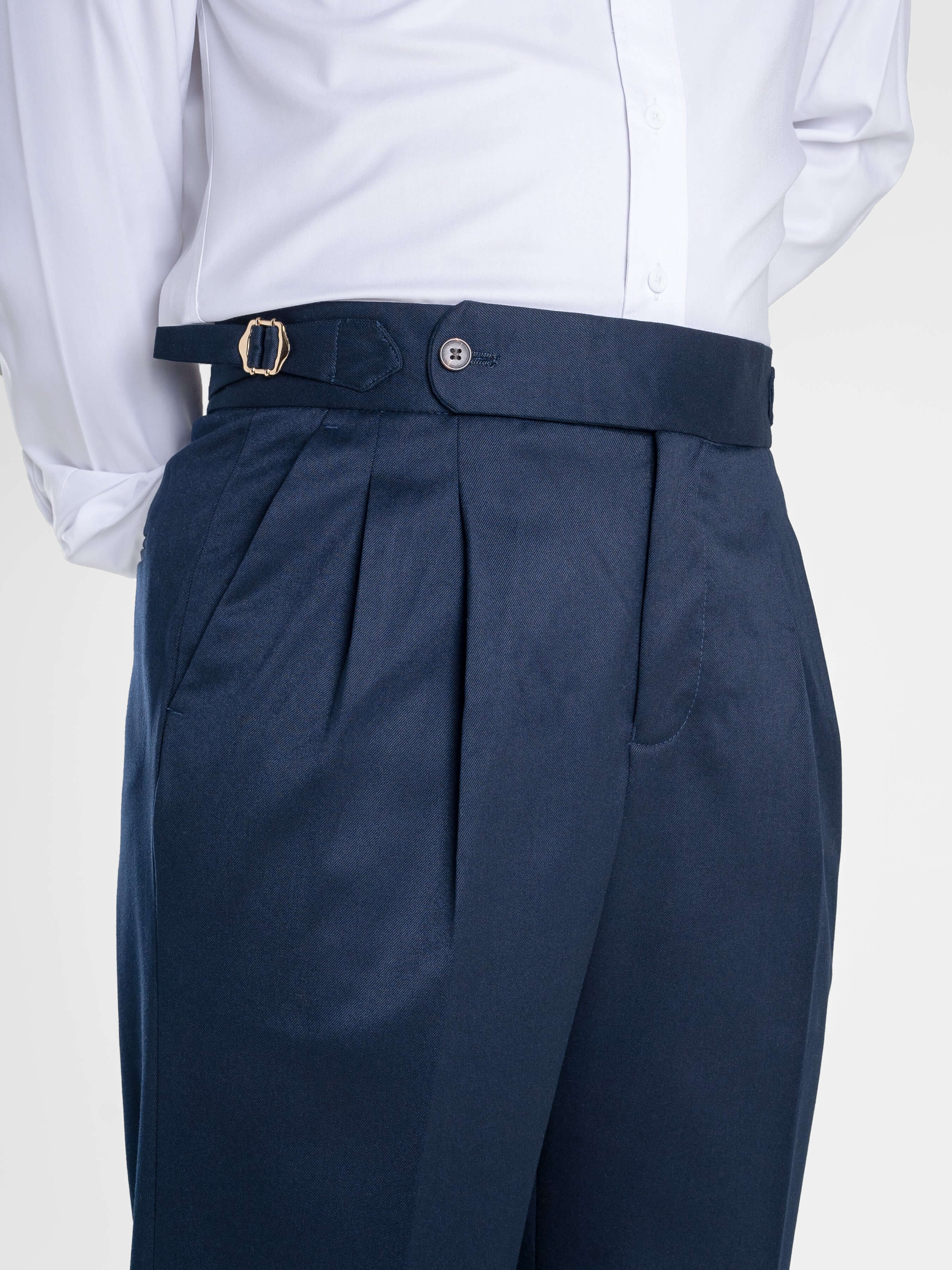 Trousers With Side Adjusters - Deep Blue Plain Cuffed (Tapered)