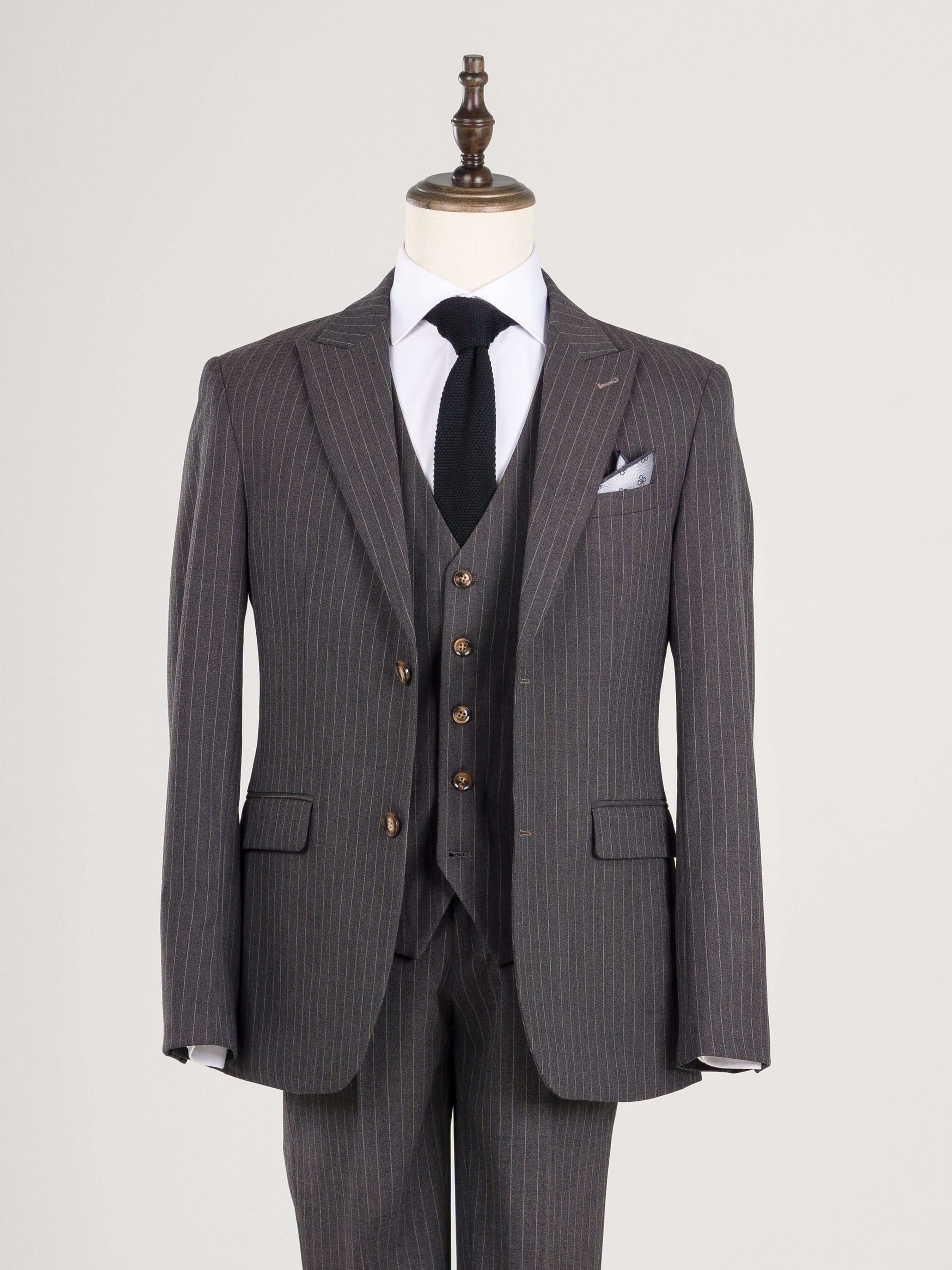 Single Row Button Vest - Dark Grey with Brown Pinstripe