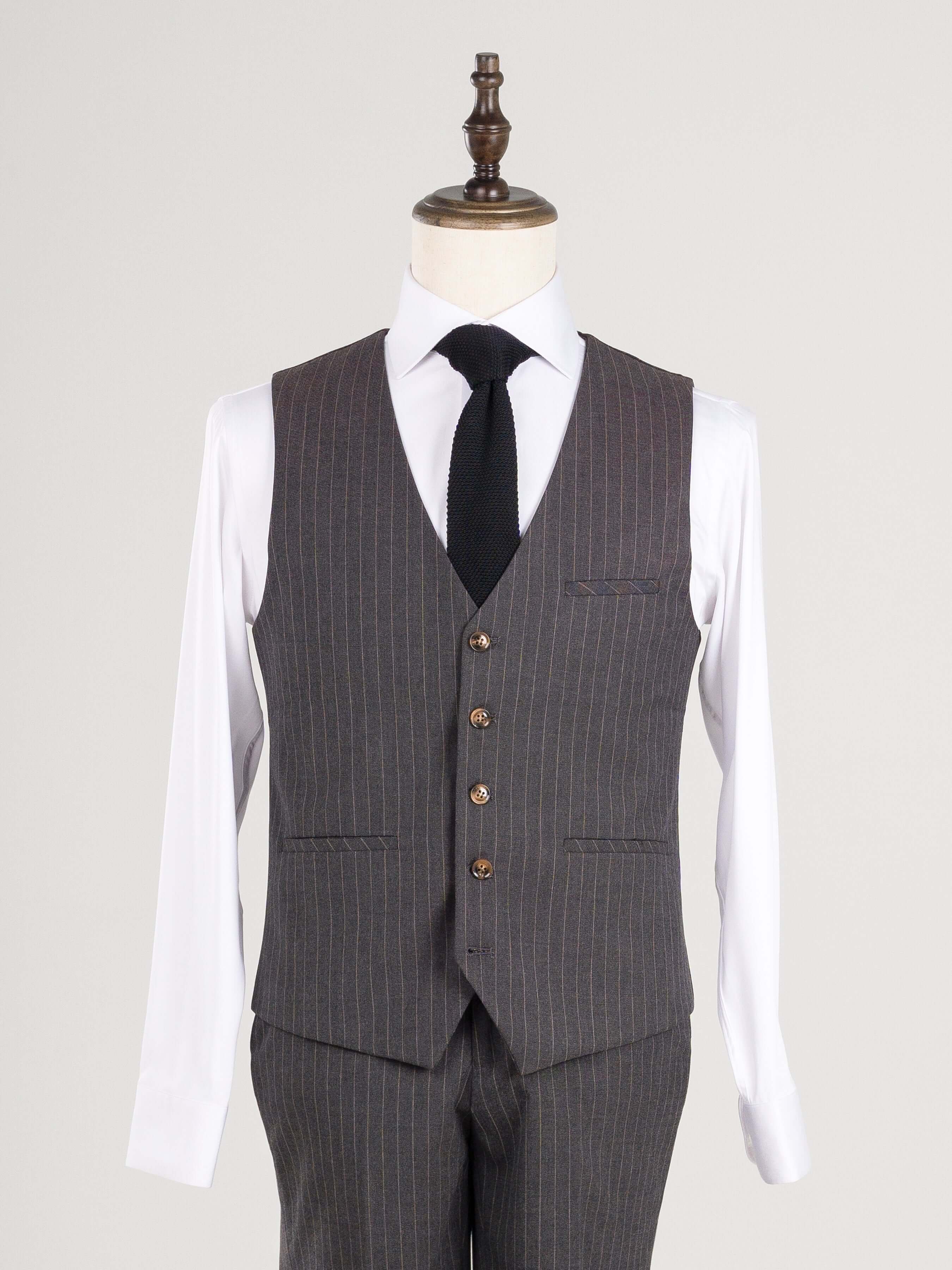 Single Row Button Vest - Dark Grey with Brown Pinstripe