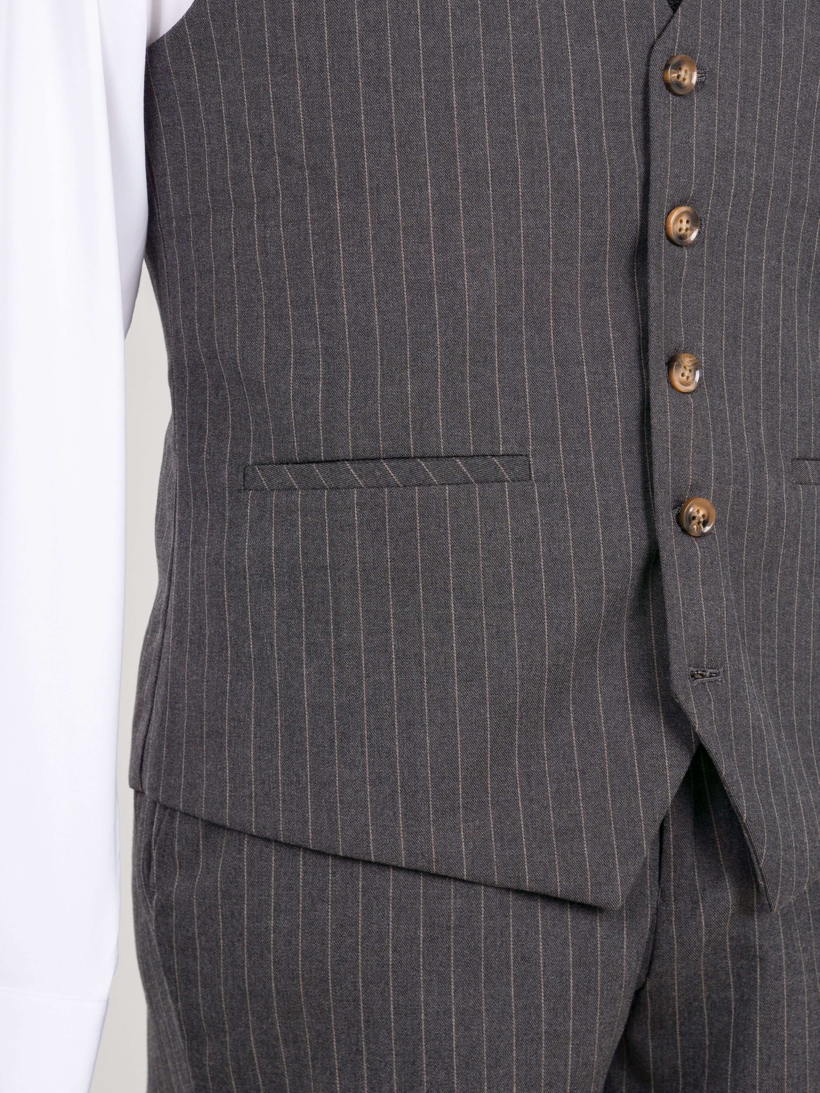 Single Row Button Vest - Dark Grey with Brown Pinstripe