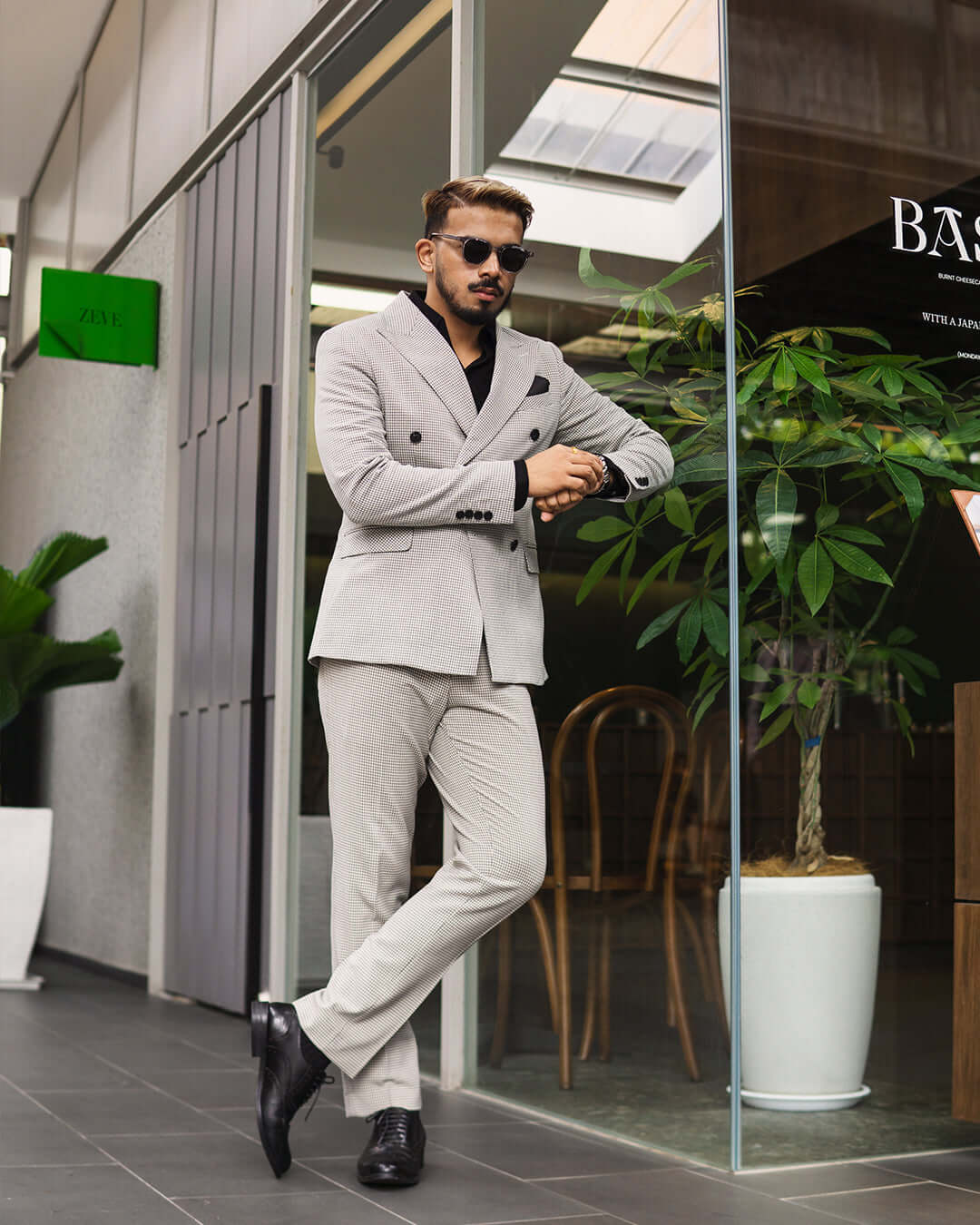 Double Breasted Suit Blazer Ash Grey Plaid (Peak Lapel)