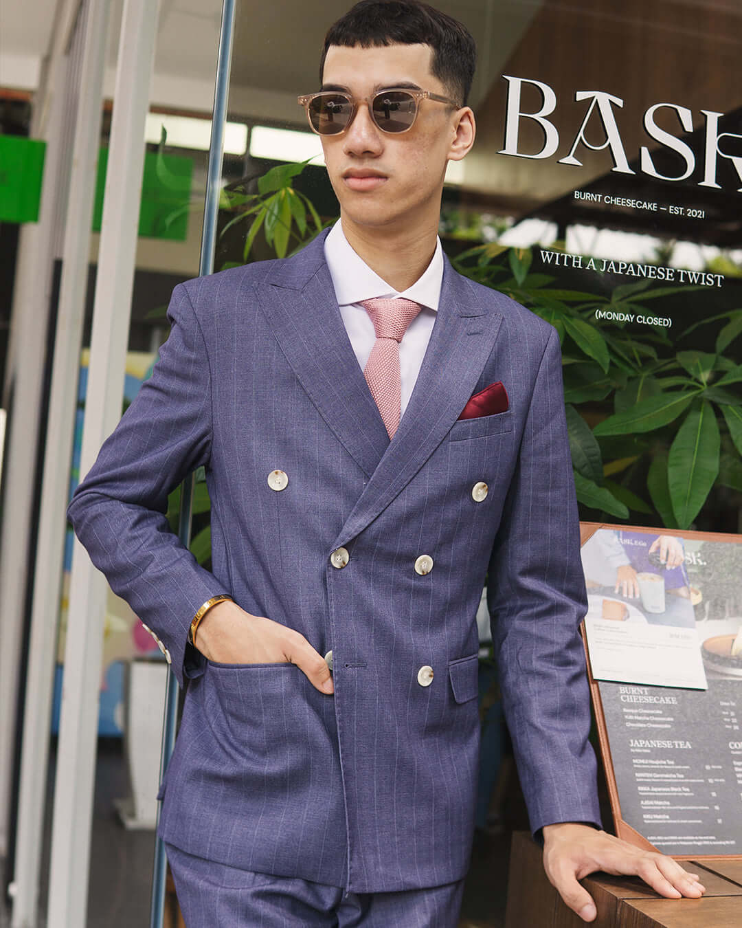 Double Breasted Suit Blazer - Iris Blue Stripe (Peak Lapel)