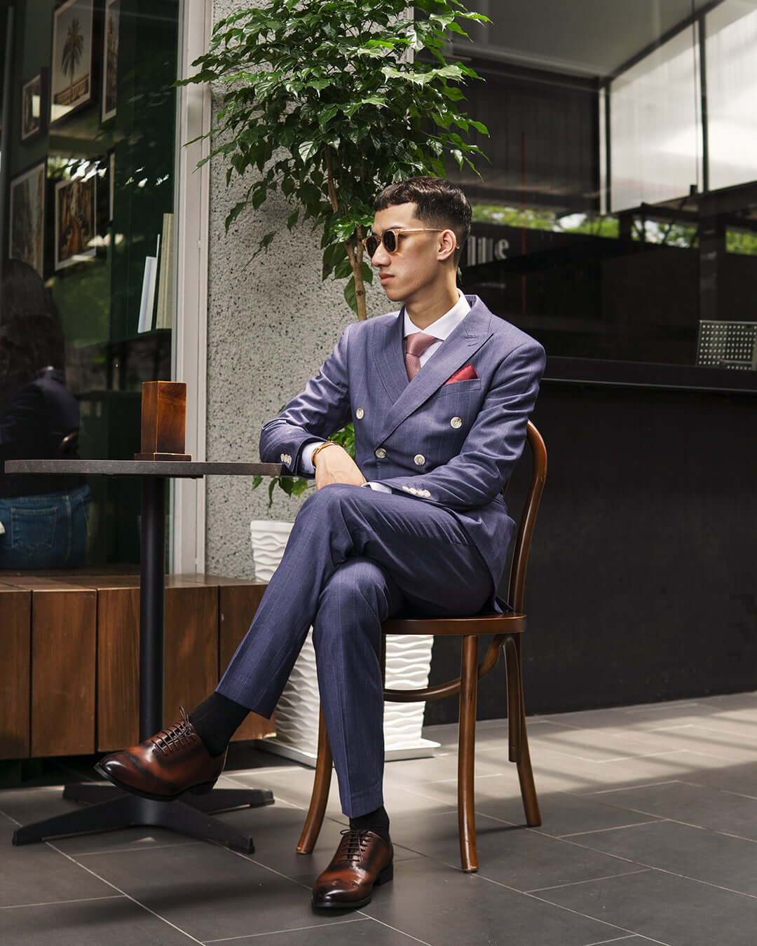 Double Breasted Suit Blazer - Iris Blue Stripe (Peak Lapel)