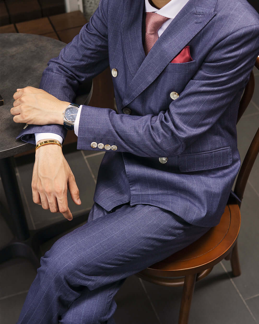 Double Breasted Suit Blazer - Iris Blue Stripe (Peak Lapel)