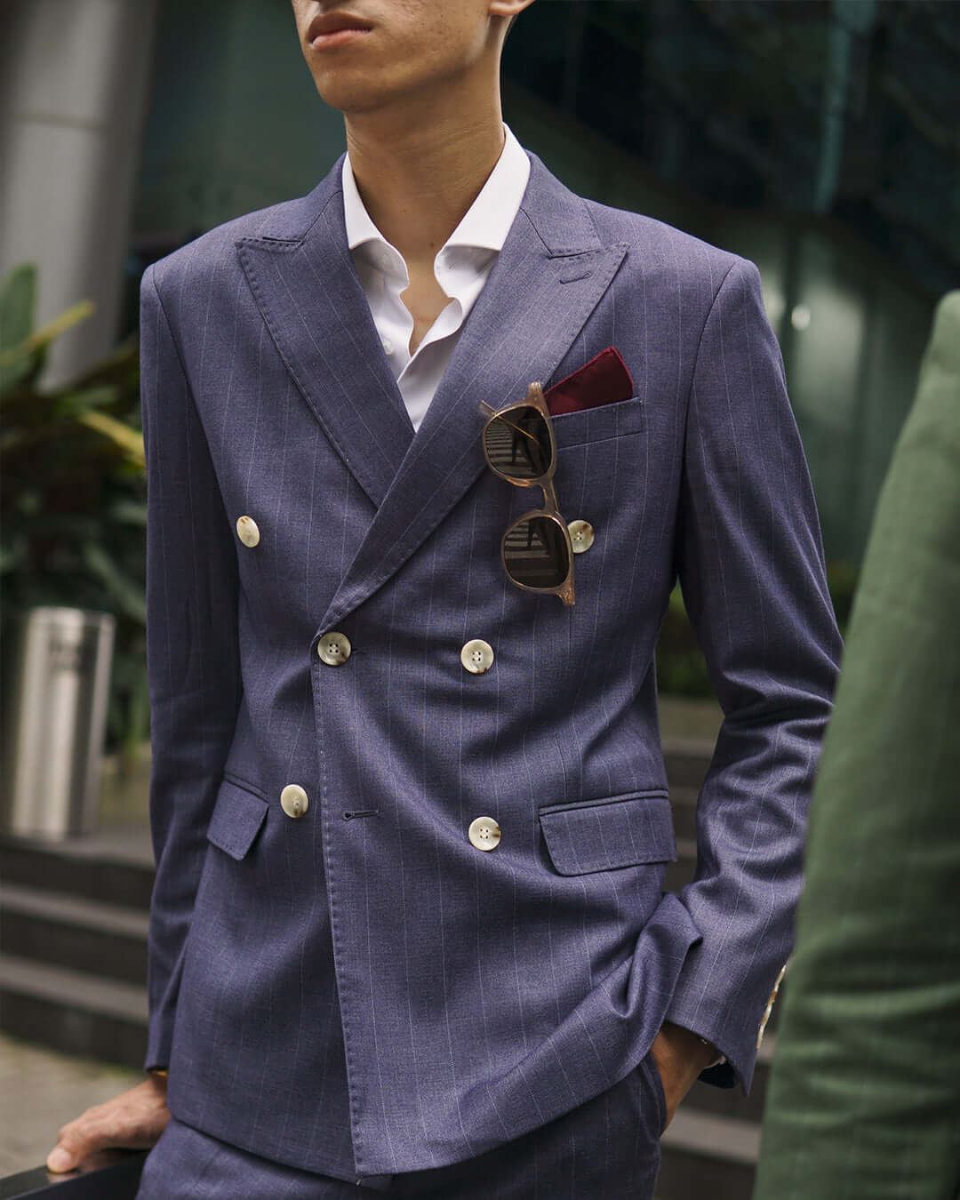 Double Breasted Suit Blazer - Iris Blue Stripe (Peak Lapel)
