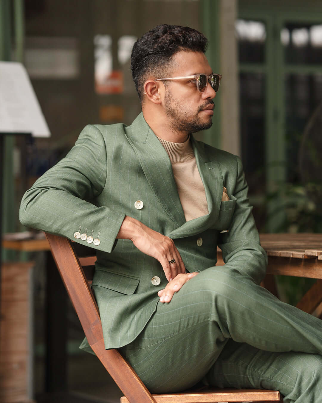 Double Breasted Suit Blazer - Moss Green Stripe (Peak Lapel)