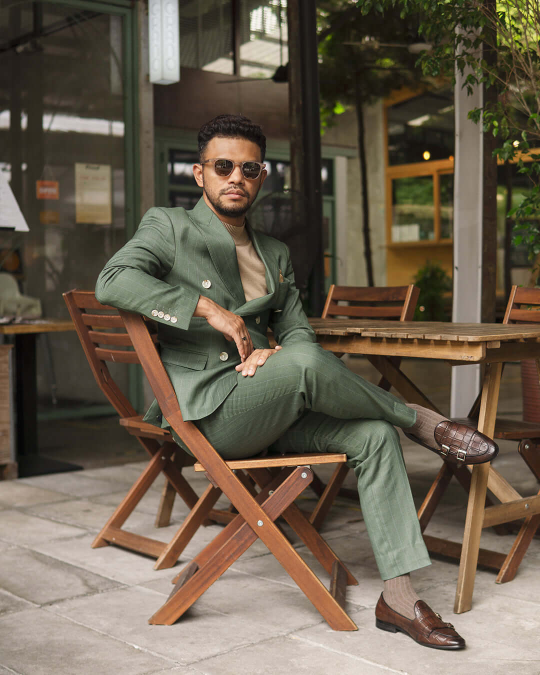 Double Breasted Suit Blazer - Moss Green Stripe (Peak Lapel)