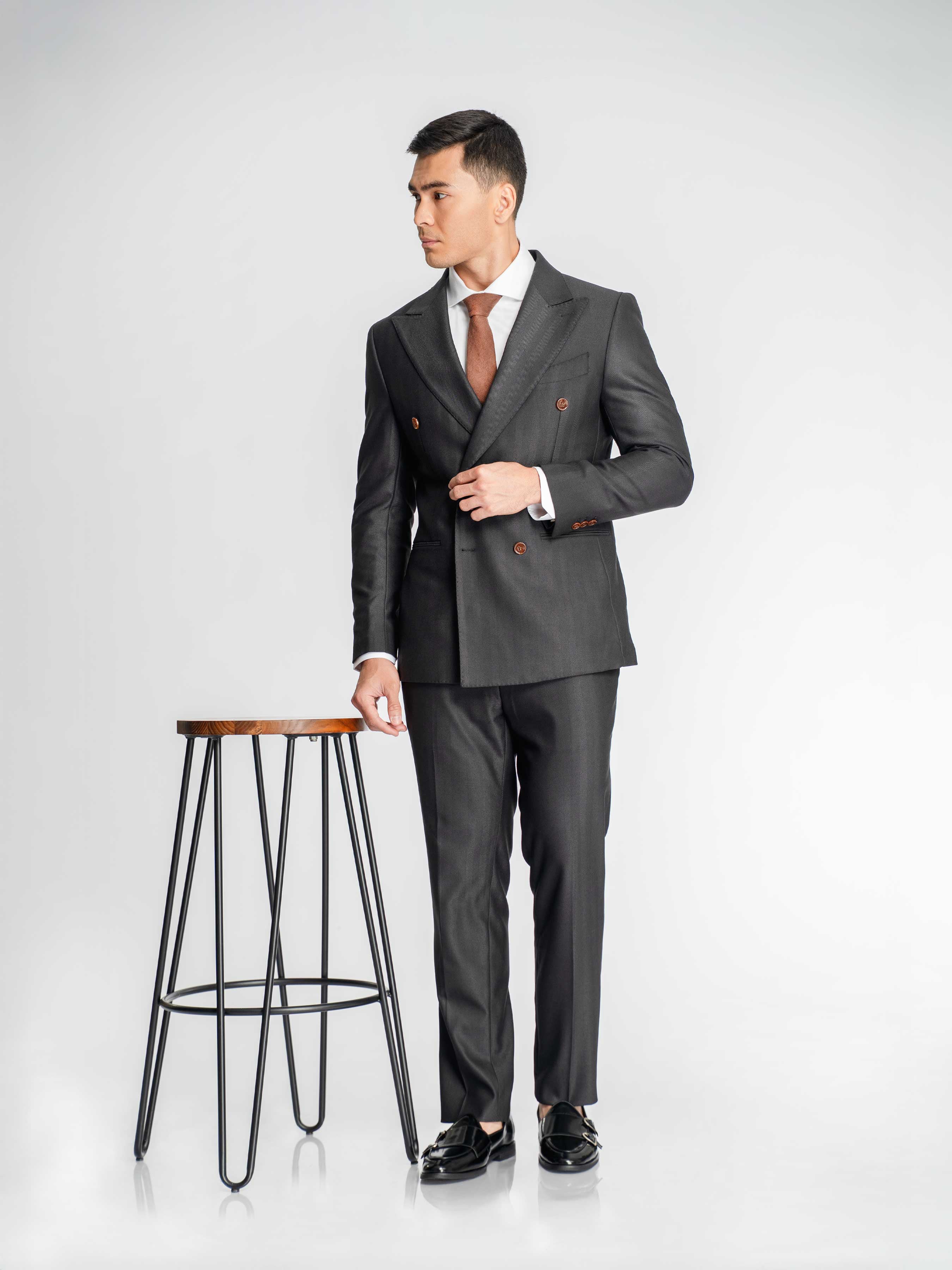 Double Breasted Suit Blazer – Grey Charcoal Shadow Stripe (Peak Lapel)