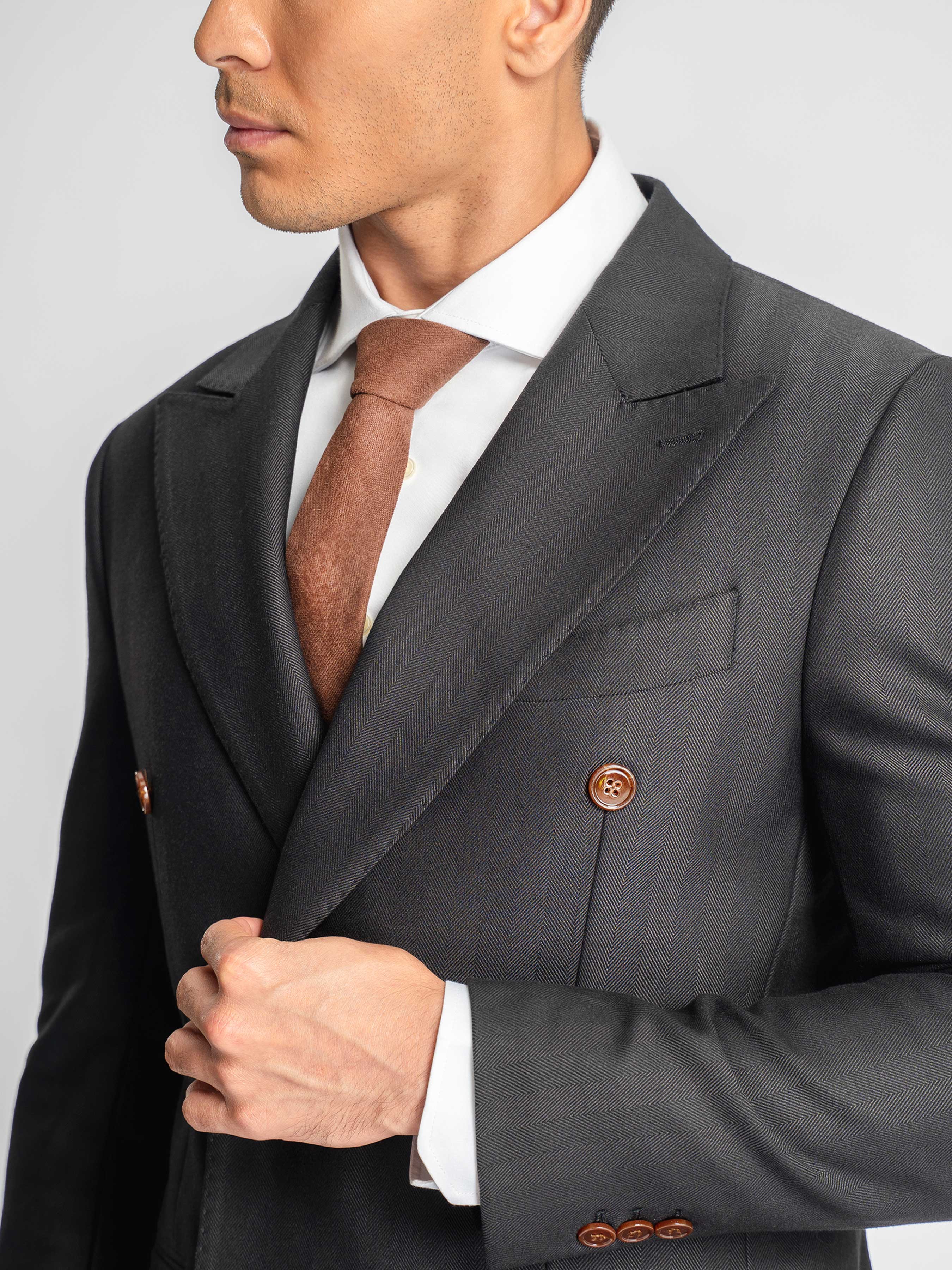 Double Breasted Suit Blazer – Grey Charcoal Shadow Stripe (Peak Lapel)