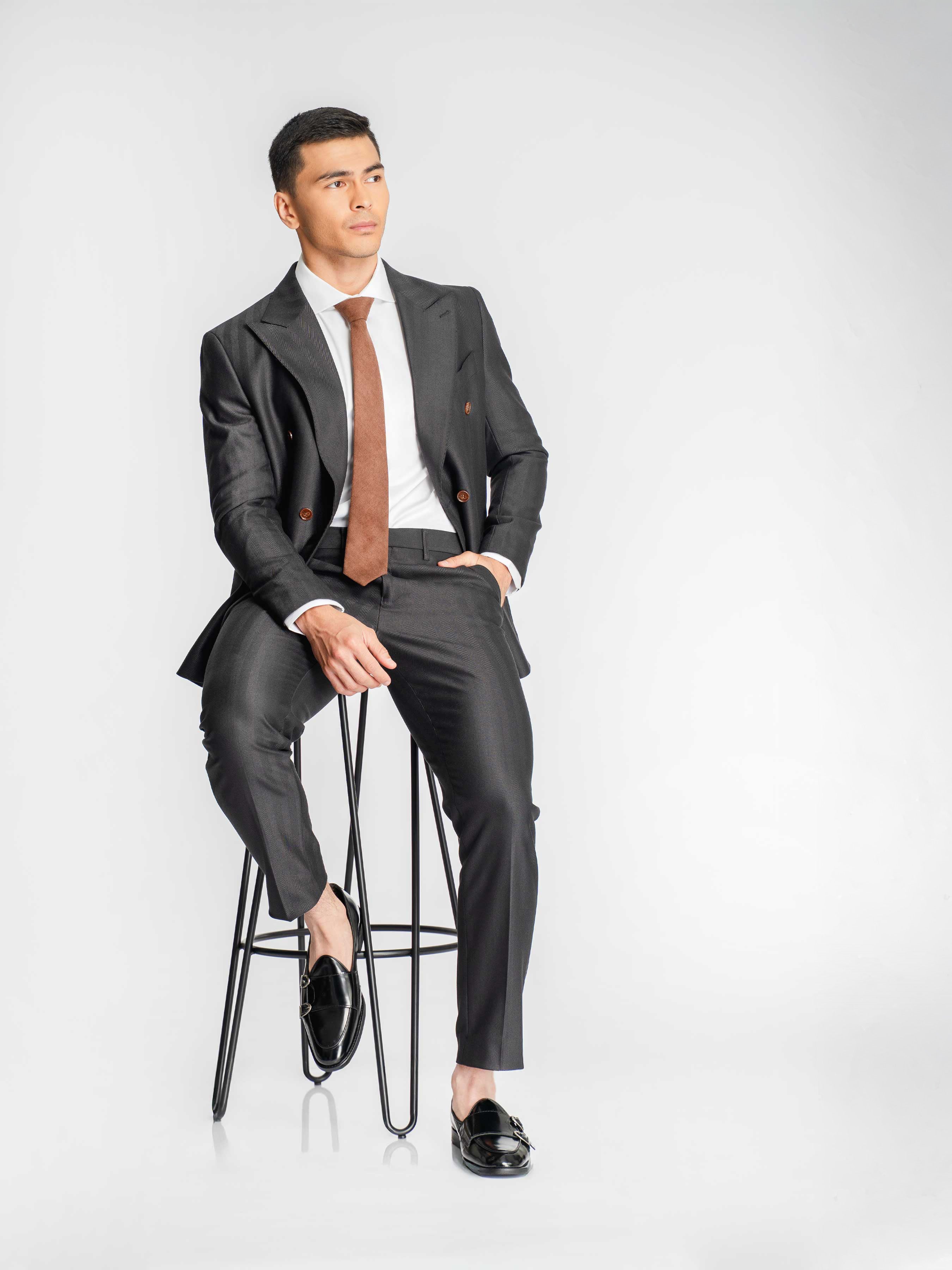 Double Breasted Suit Blazer – Grey Charcoal Shadow Stripe (Peak Lapel)
